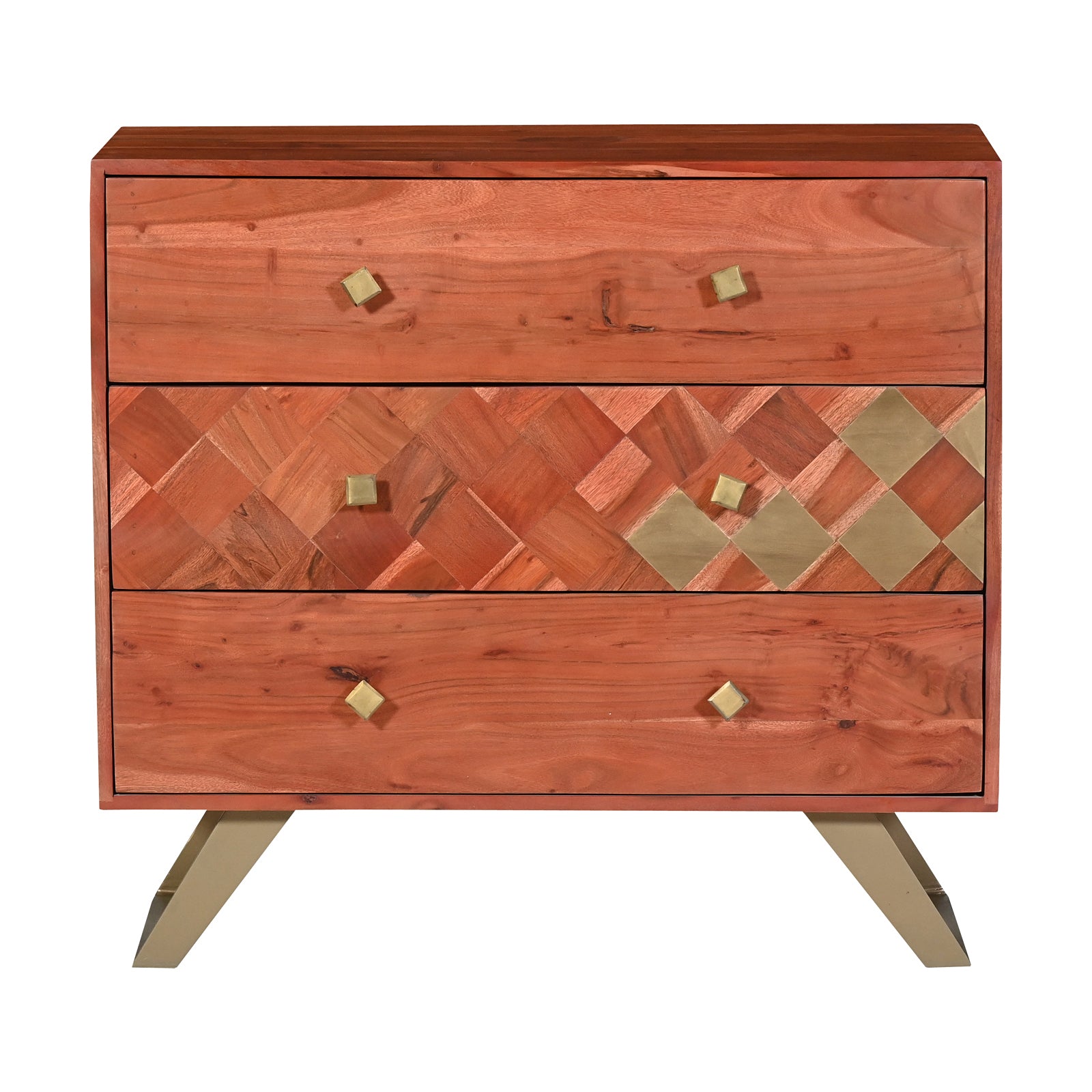 Modern Wooden Nightstand with Brass  Inlay and Gold Metal Base