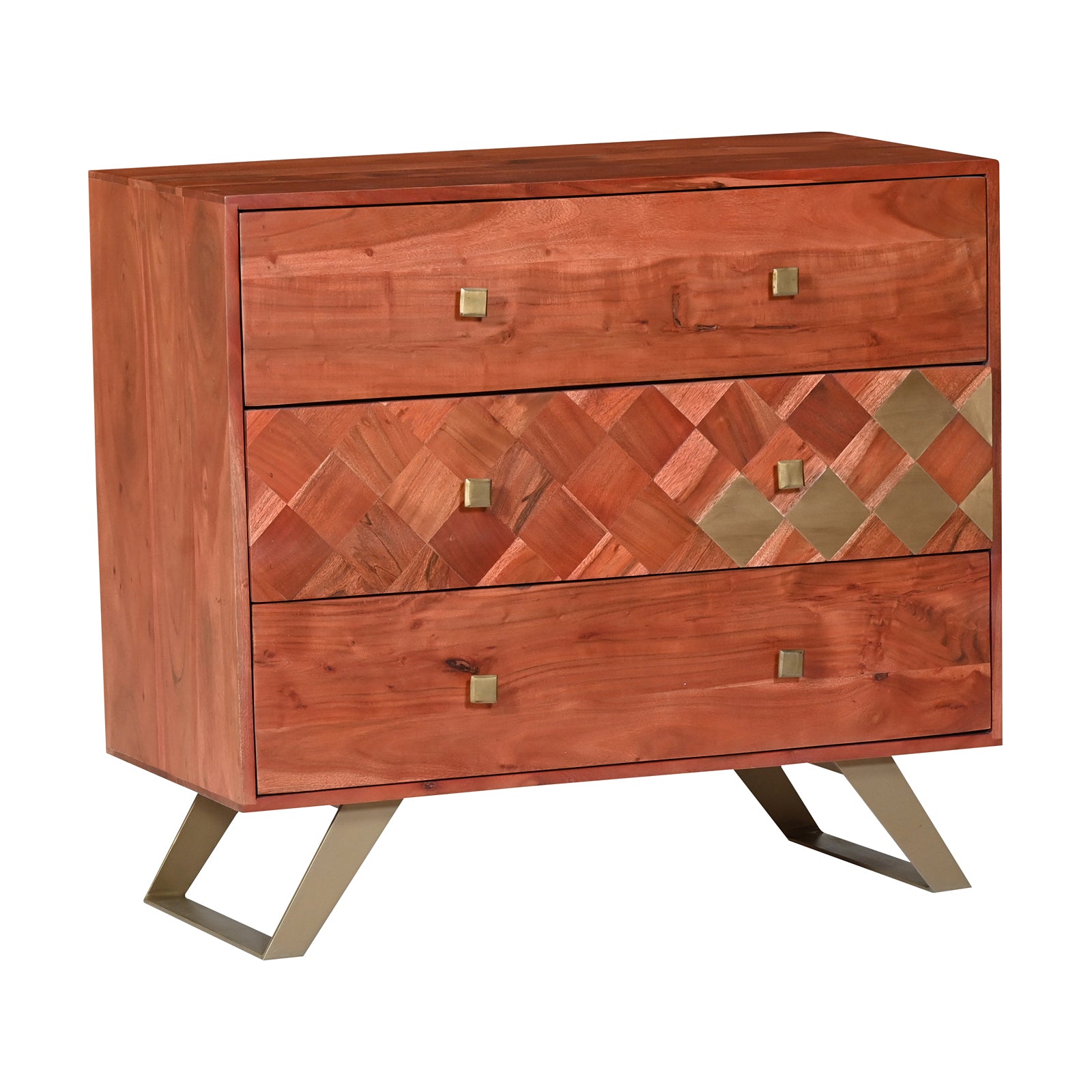 Modern Wooden Nightstand with Brass  Inlay and Gold Metal Base