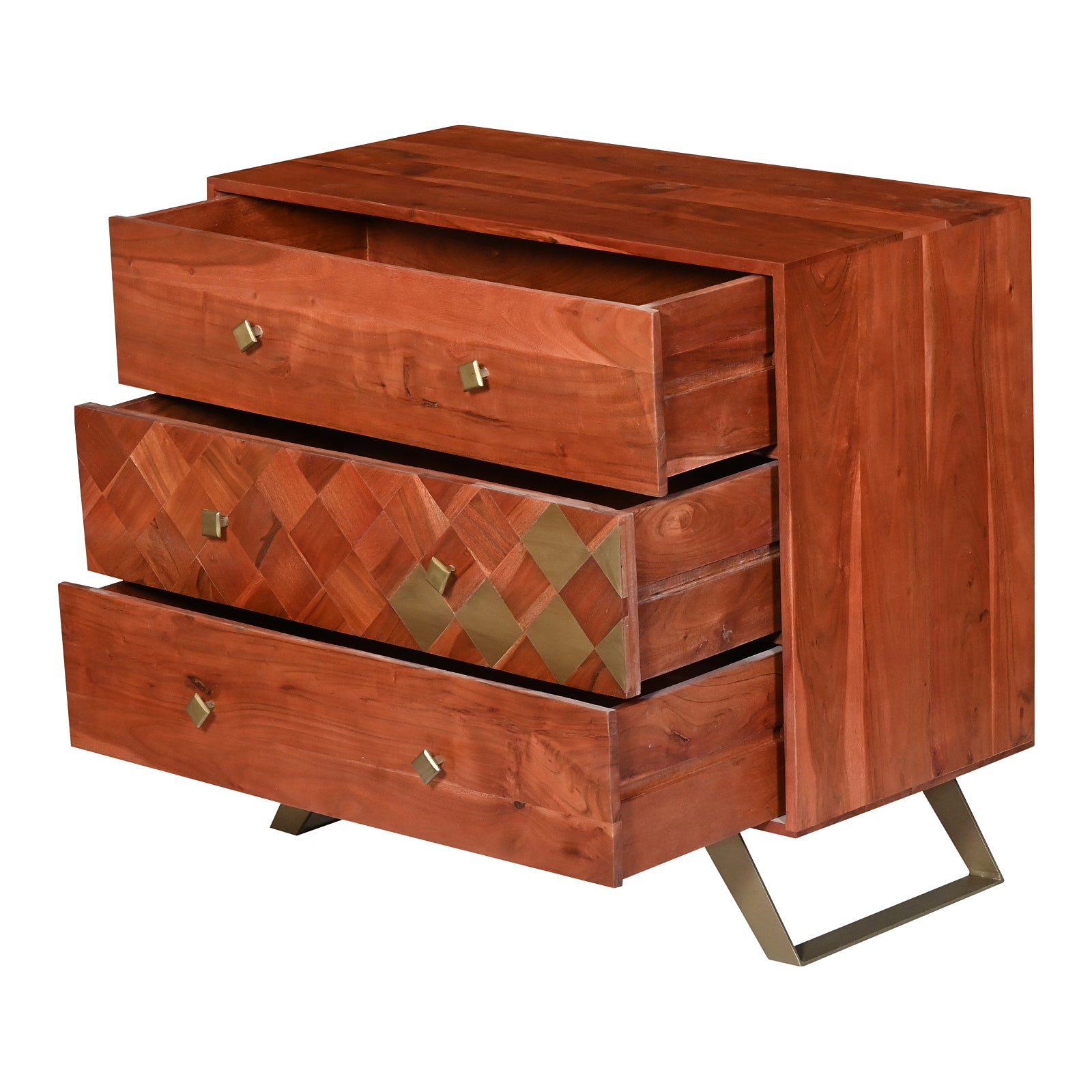 Modern Wooden Nightstand with Brass  Inlay and Gold Metal Base