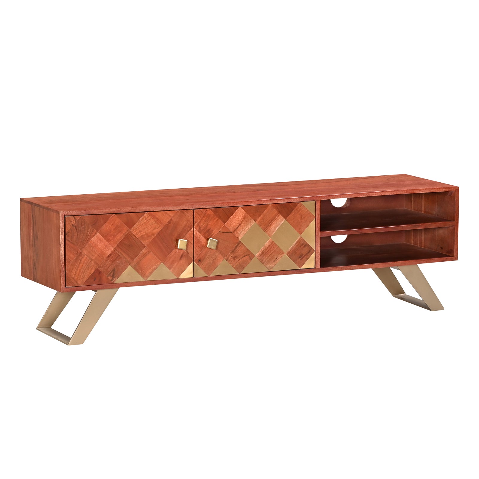 Modern Wooden TV Unit Media Console with Brass Inlay and Gold Legs