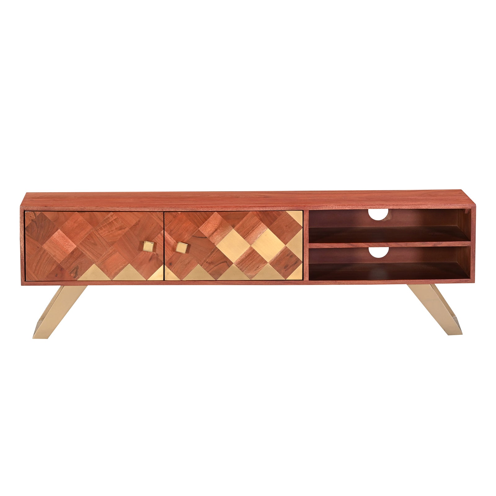 Modern Wooden TV Unit Media Console with Brass Inlay and Gold Legs