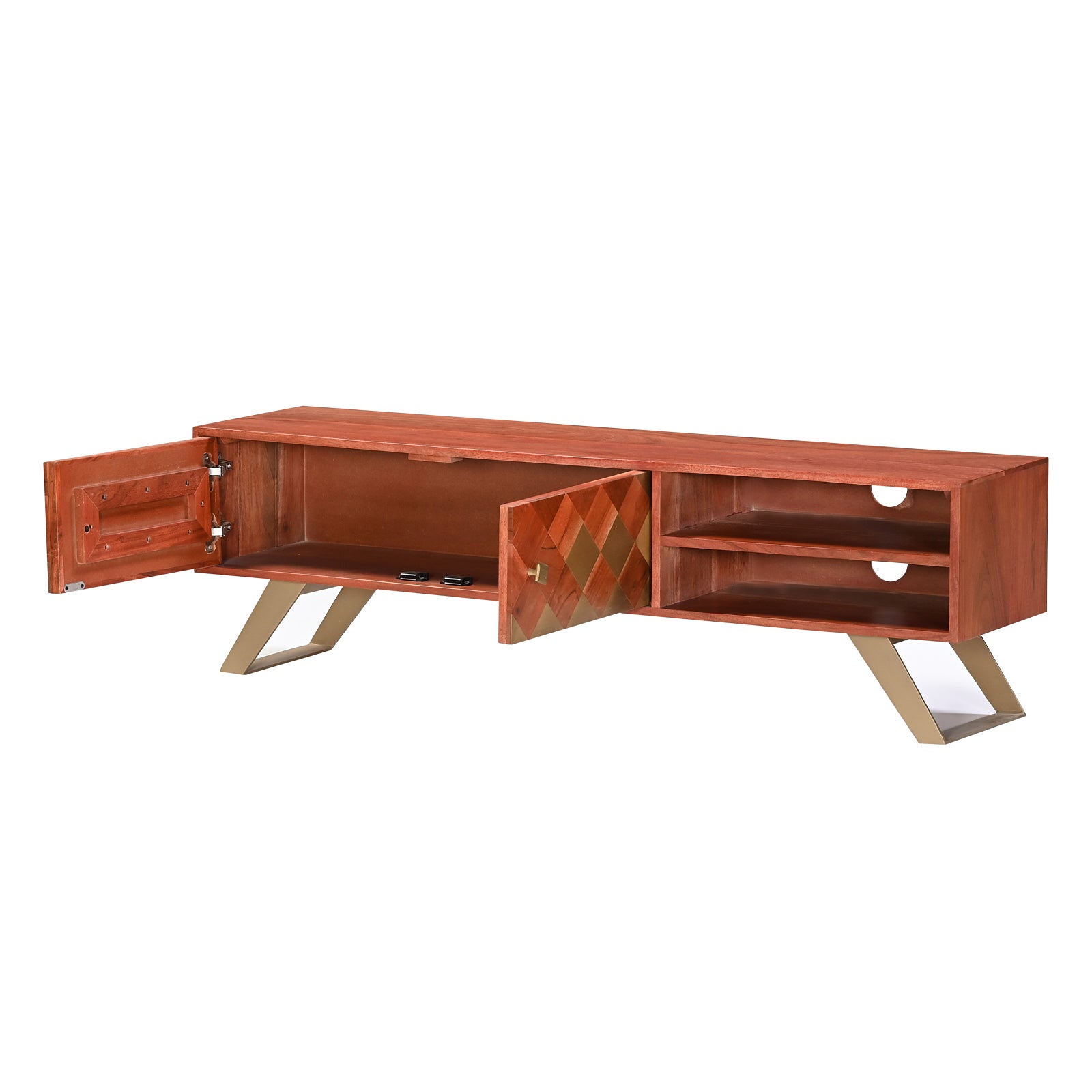 Modern Wooden TV Unit Media Console with Brass Inlay and Gold Legs
