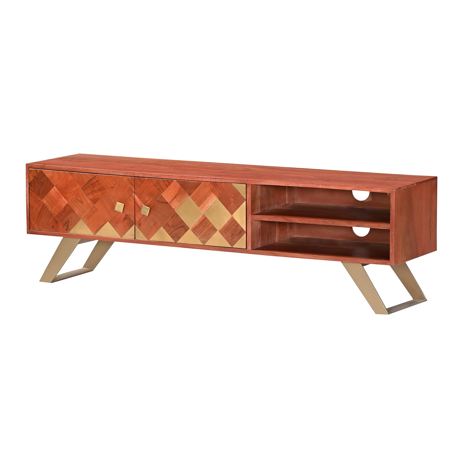 Modern Wooden TV Unit Media Console with Brass Inlay and Gold Legs
