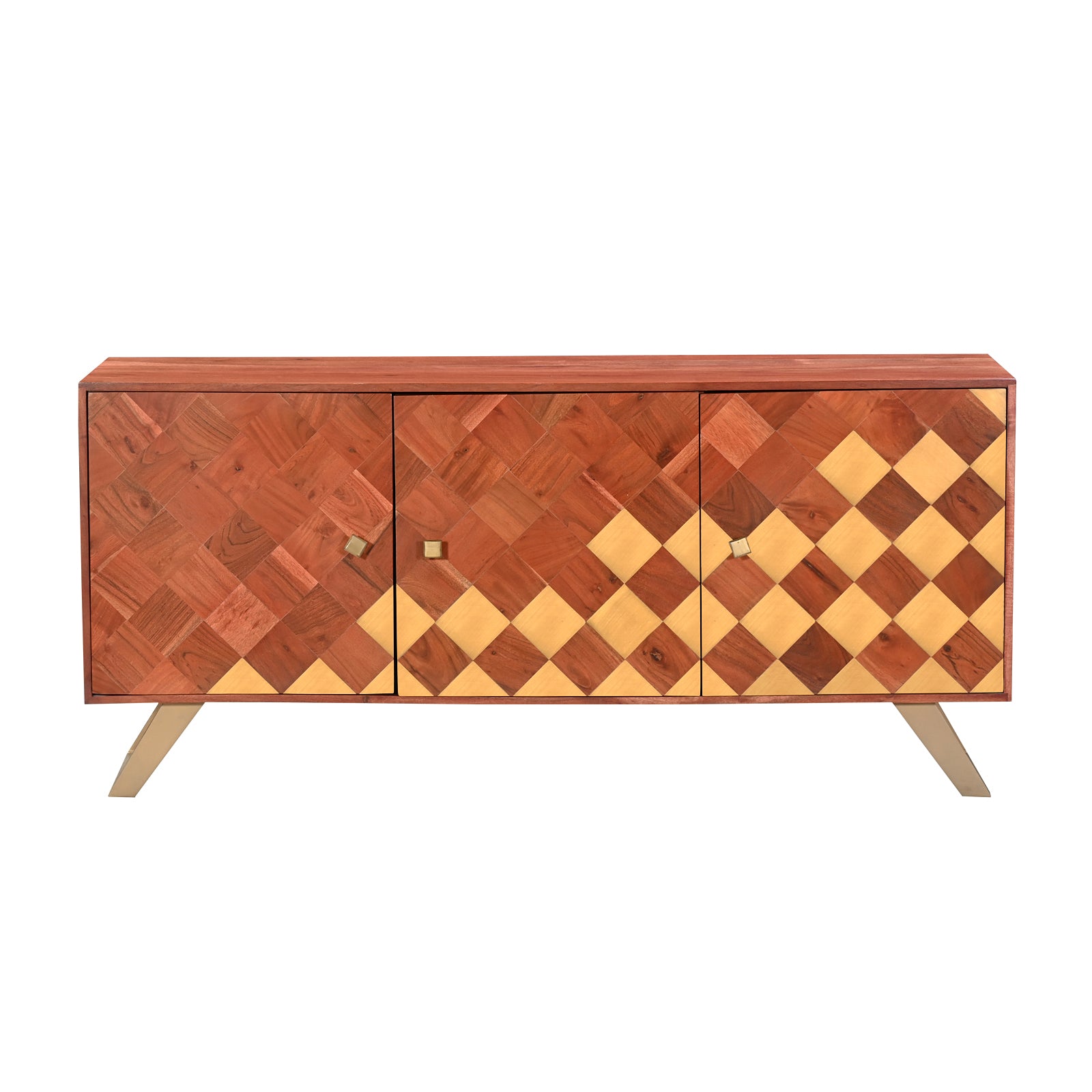 Modern Wooden 3-Door Sideboard Credenza  with Brass Inlay and Gold Legs