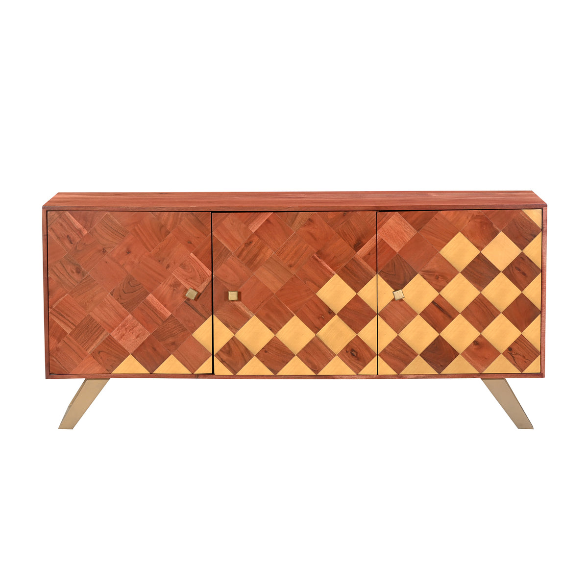 Modern Wooden 3-Door Sideboard Credenza  with Brass Inlay and Gold Legs