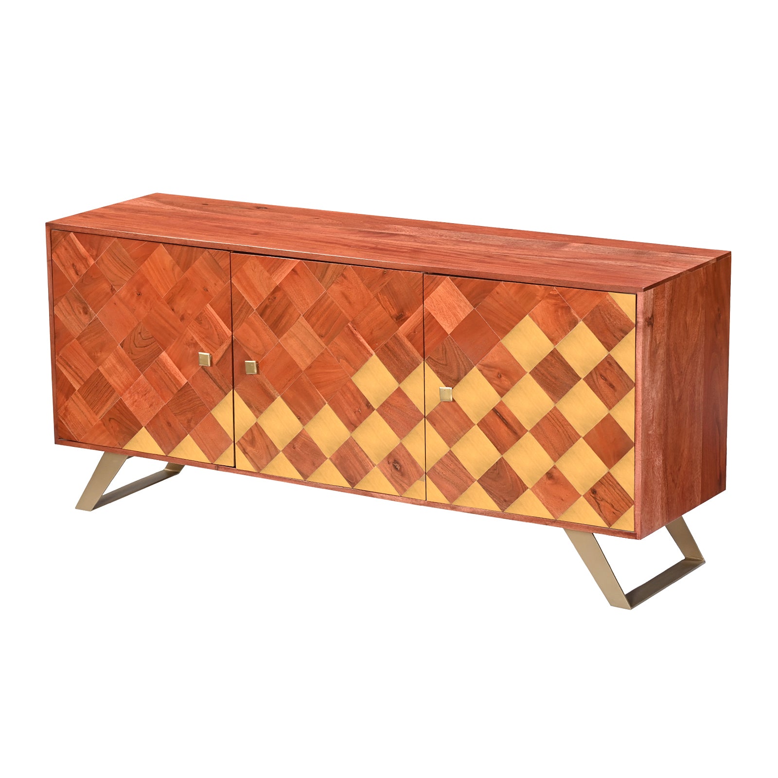 Modern Wooden 3-Door Sideboard Credenza  with Brass Inlay and Gold Legs