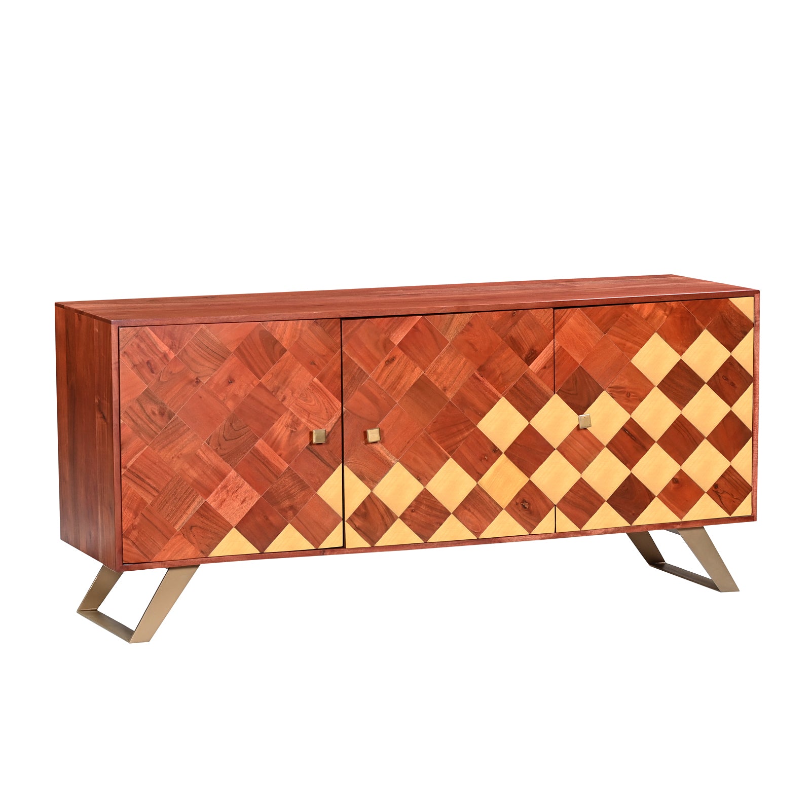 Modern Wooden 3-Door Sideboard Credenza  with Brass Inlay and Gold Legs