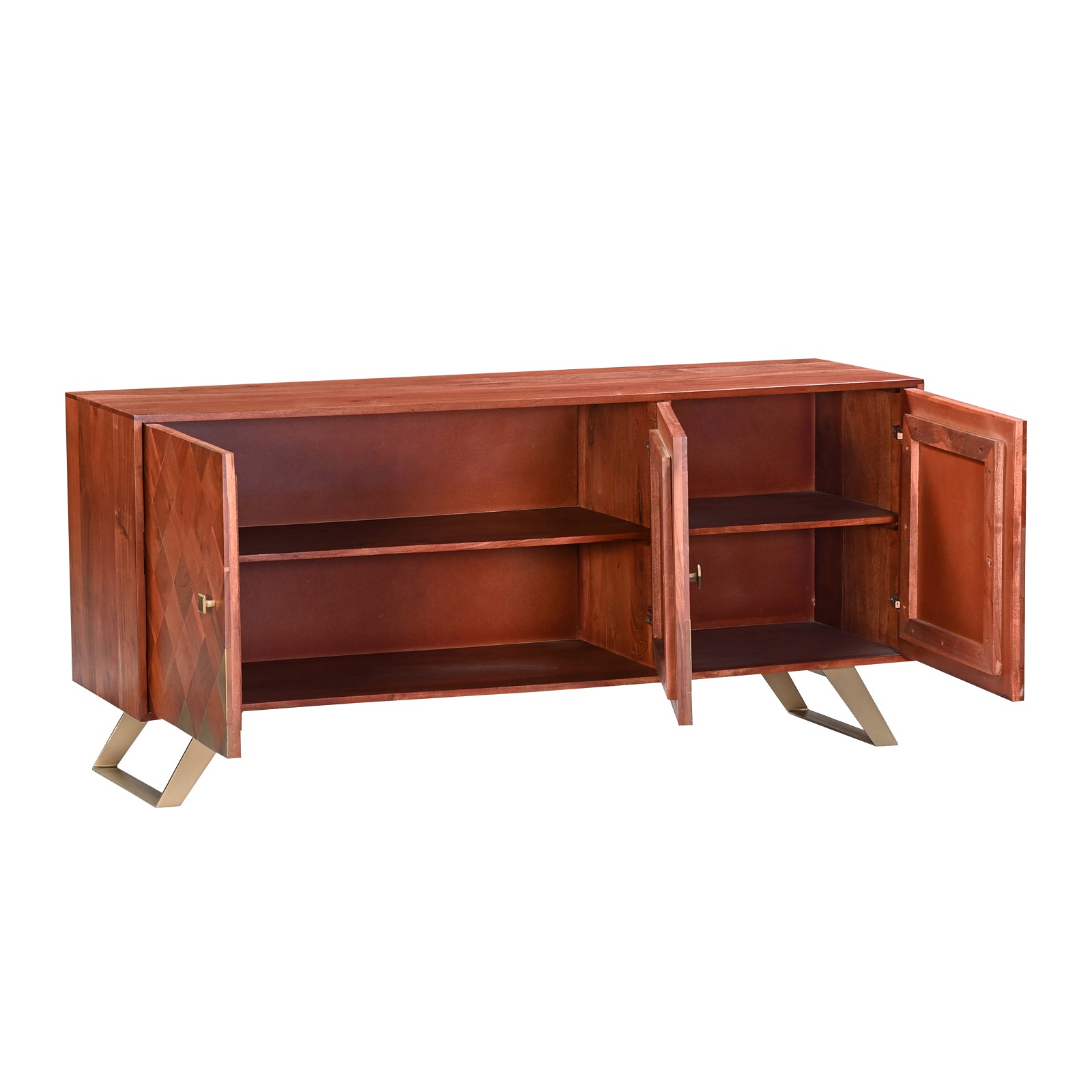 Modern Wooden 3-Door Sideboard Credenza  with Brass Inlay and Gold Legs