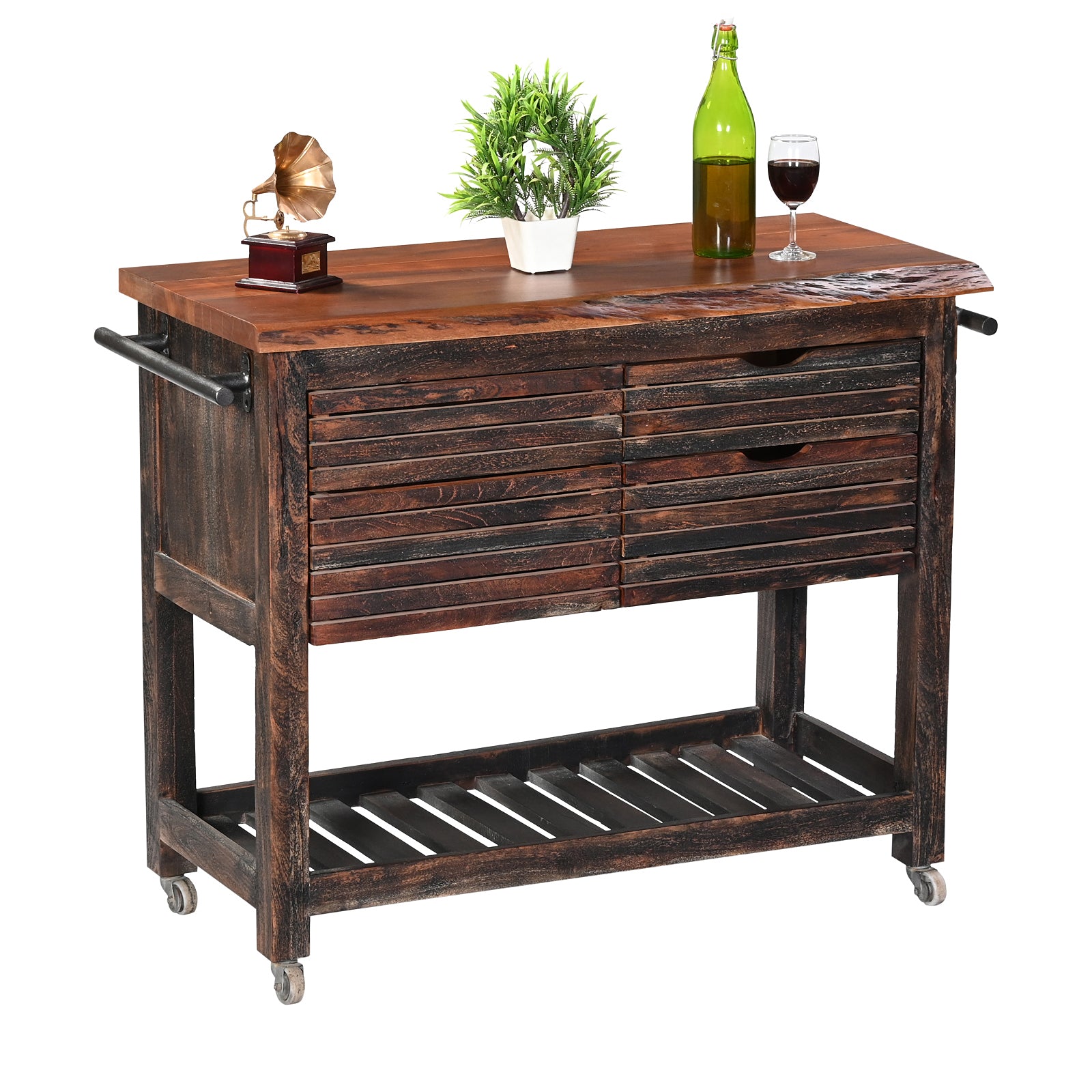 Wooden Kitchen Trolley with 4 Drawers & Open Shelf | Furniba