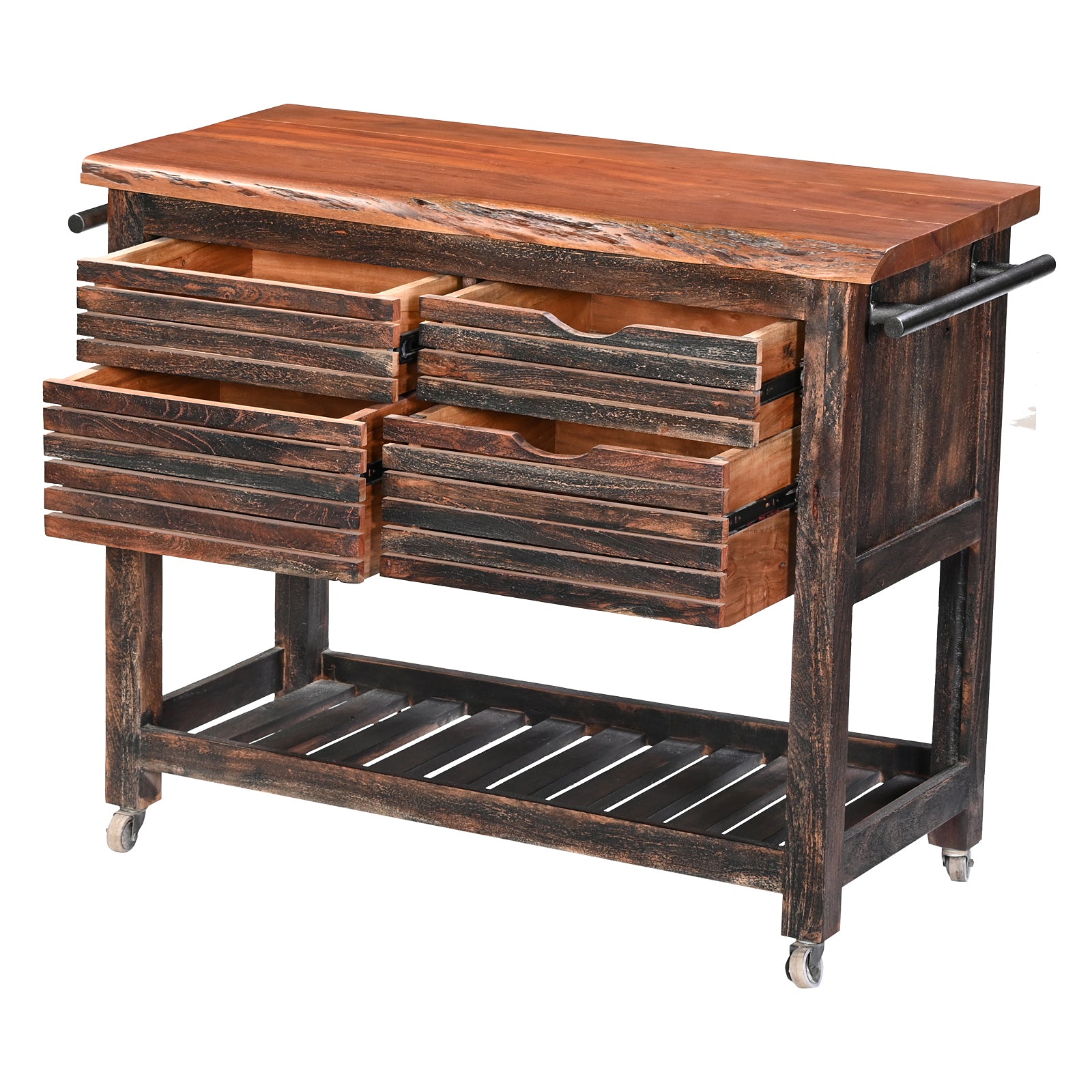 Wooden Kitchen Trolley with 4 Drawers & Open Shelf | Furniba