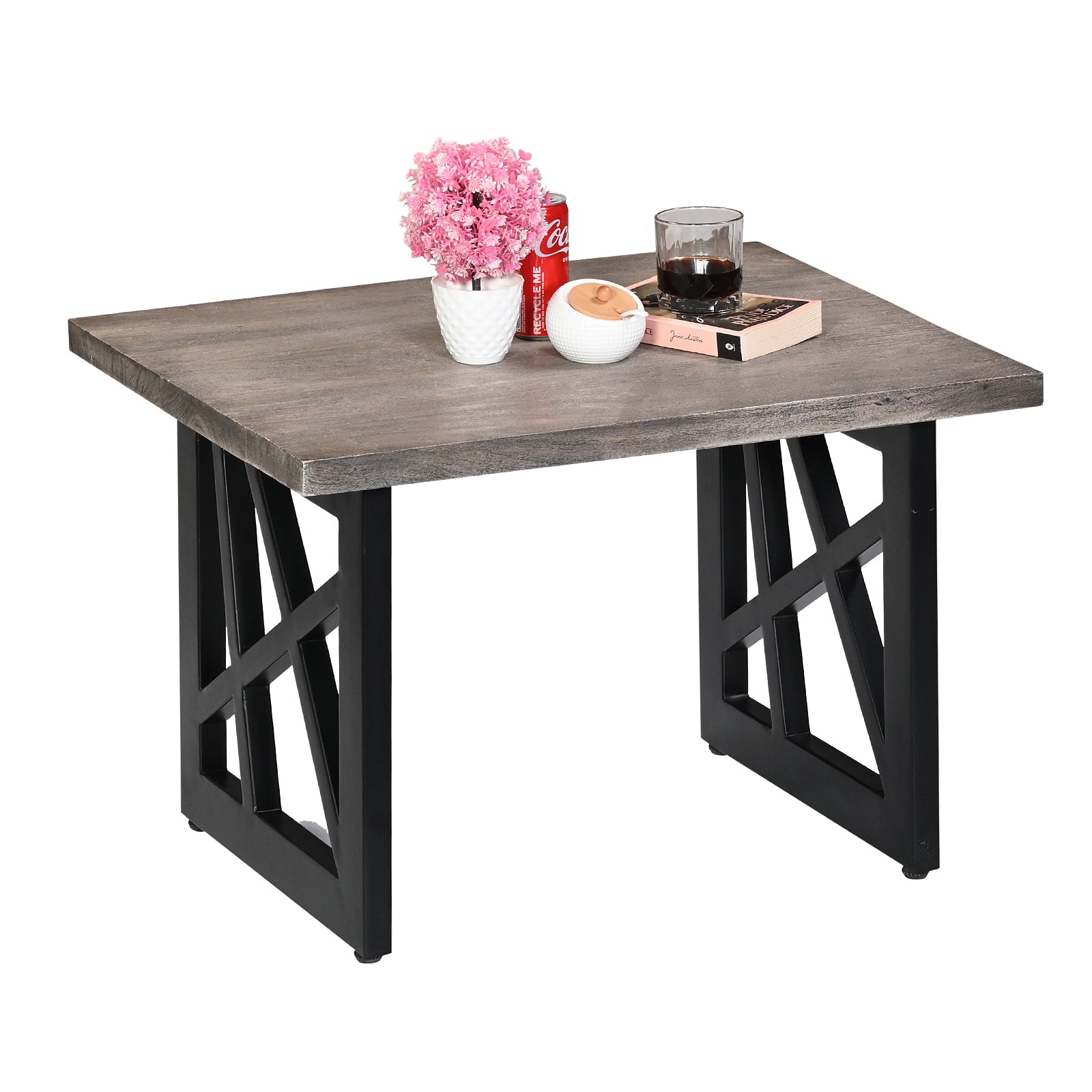 Industrial Grey Wooden End Table with  X-Shape Black Metal Legs