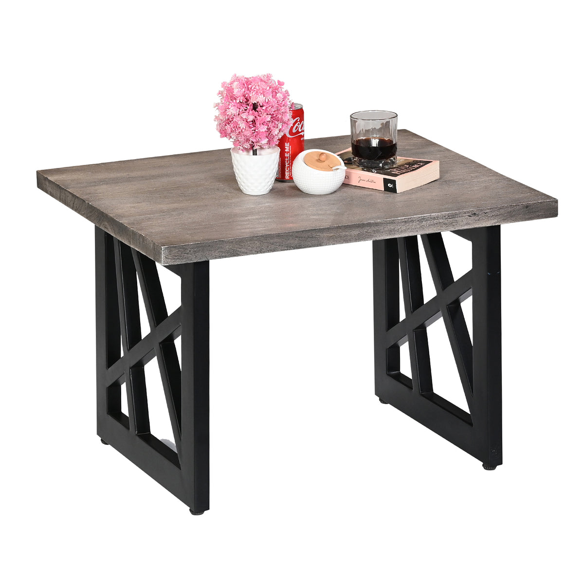 Industrial Grey Wooden End Table with  X-Shape Black Metal Legs