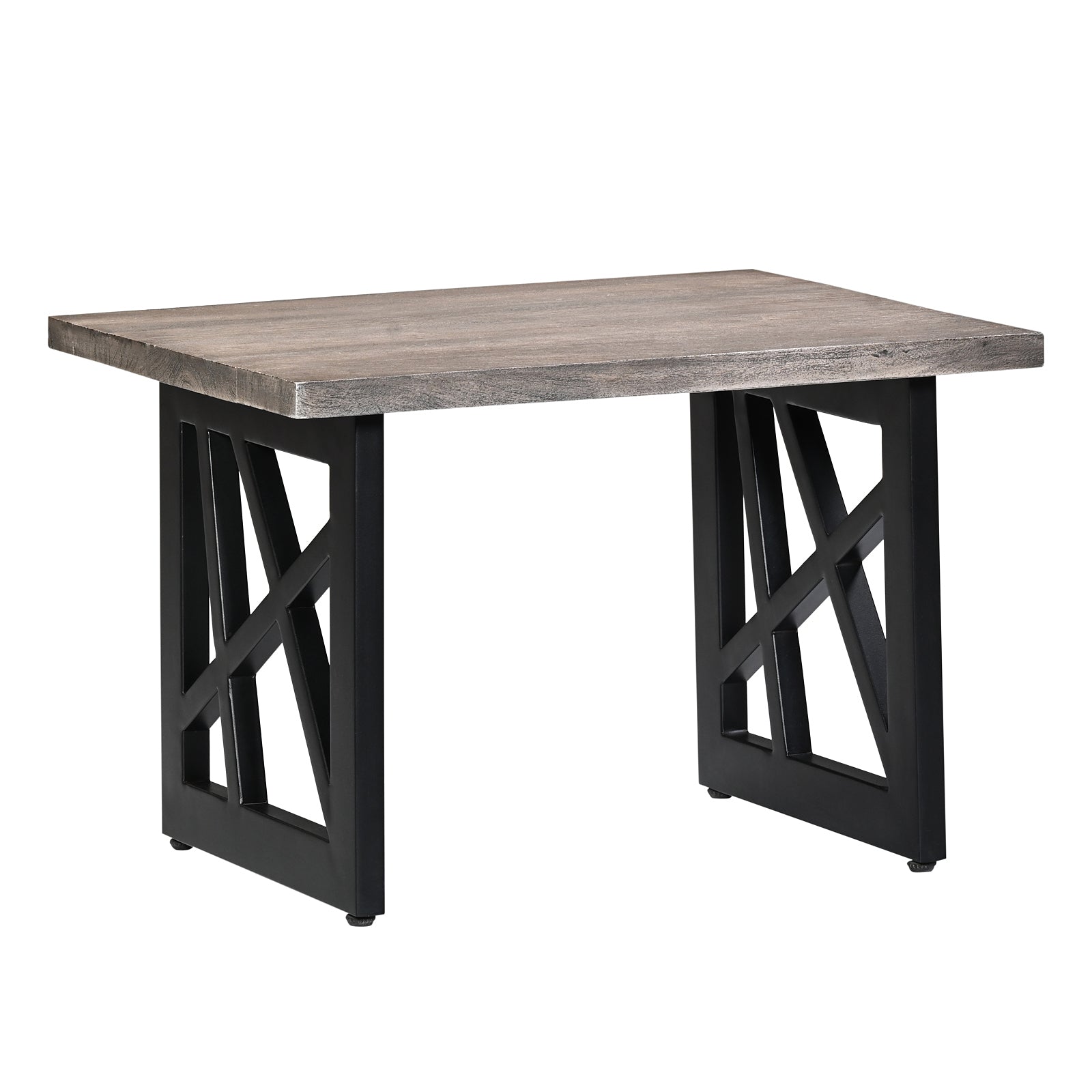 Industrial Grey Wooden End Table with  X-Shape Black Metal Legs