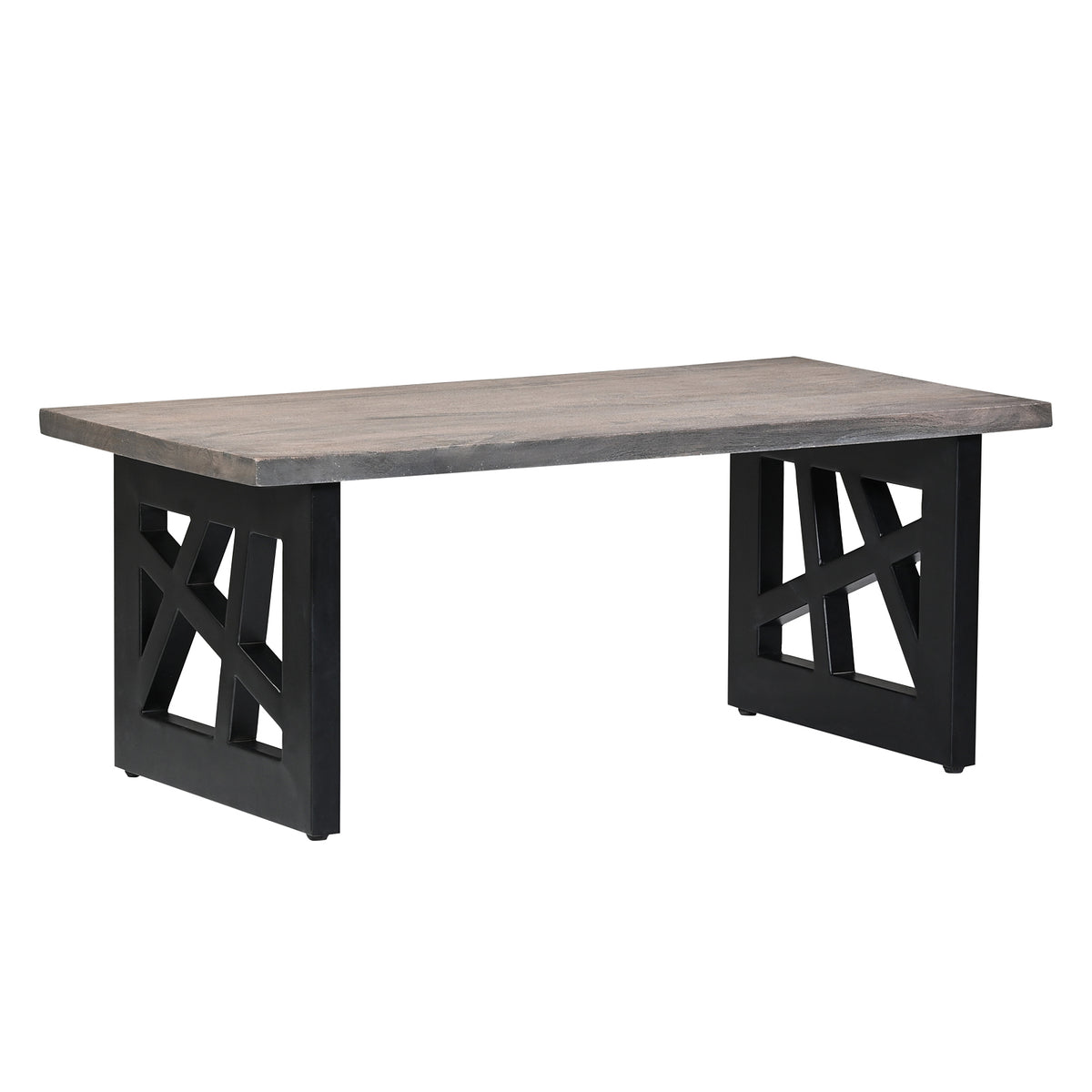 Industrial Grey Wooden Coffee Table with  Geometric Black Metal Legs