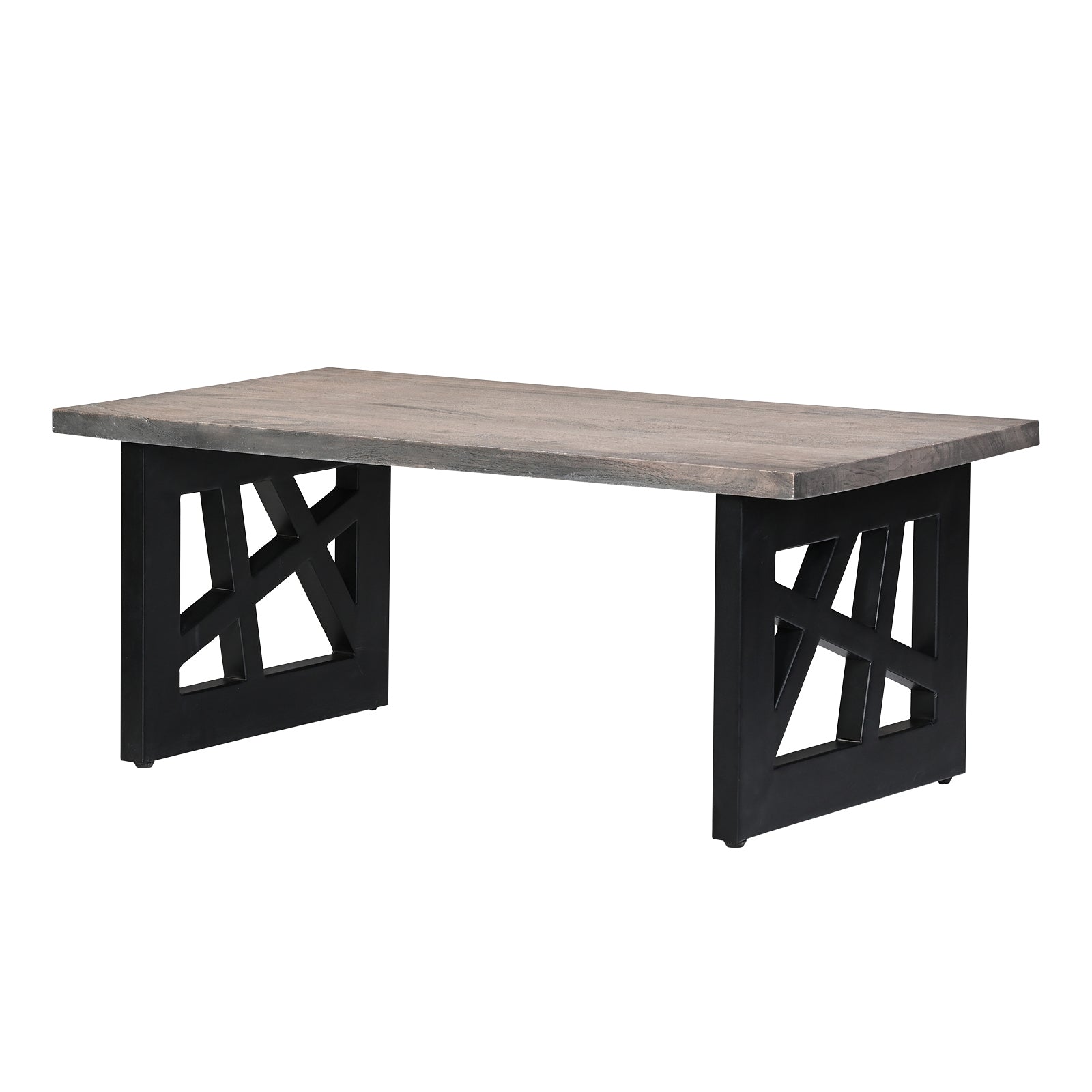 Industrial Grey Wooden Coffee Table with  Geometric Black Metal Legs