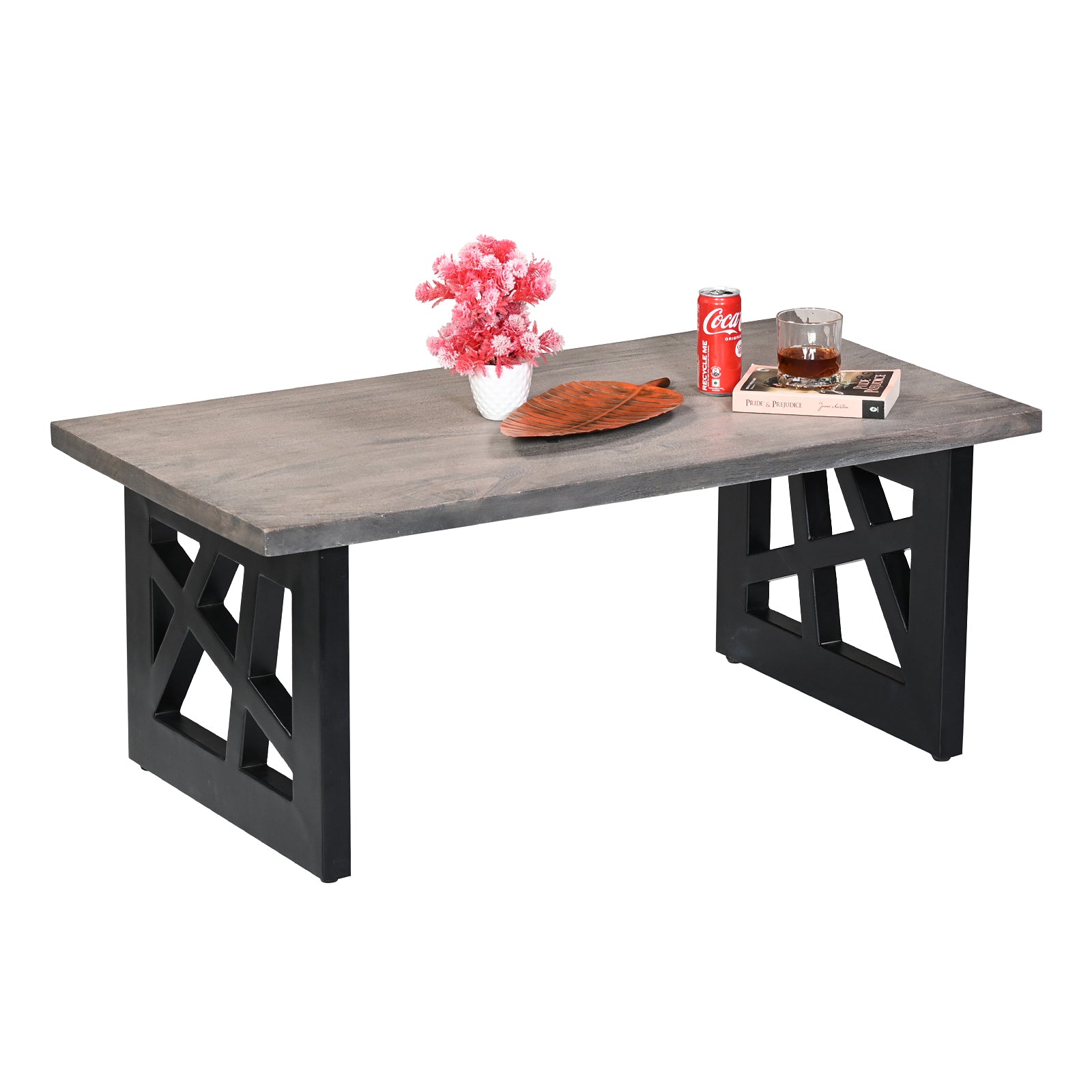 Industrial Grey Wooden Coffee Table with  Geometric Black Metal Legs