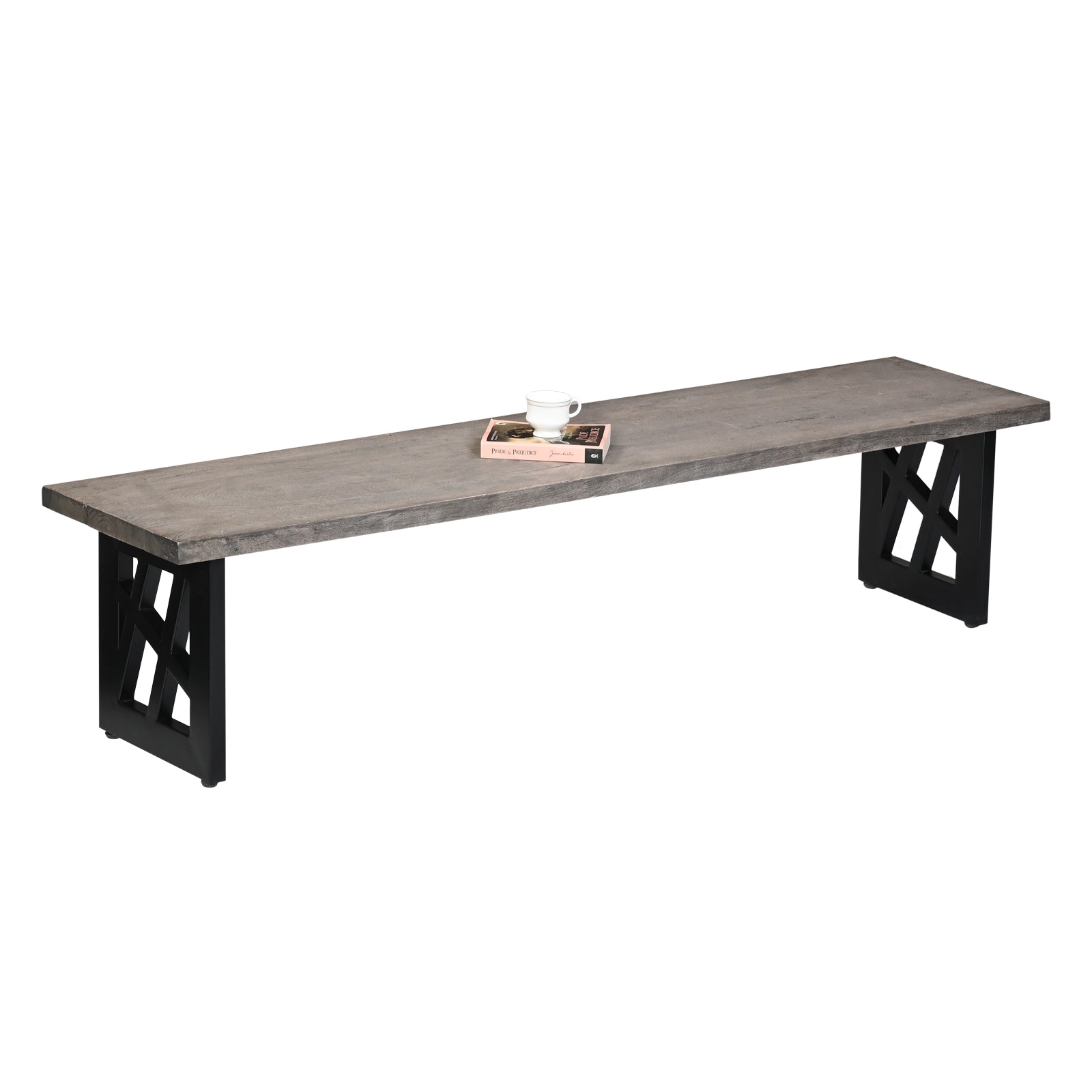 Industrial Grey Wooden Dining Bench with Geometric Black Metal Legs