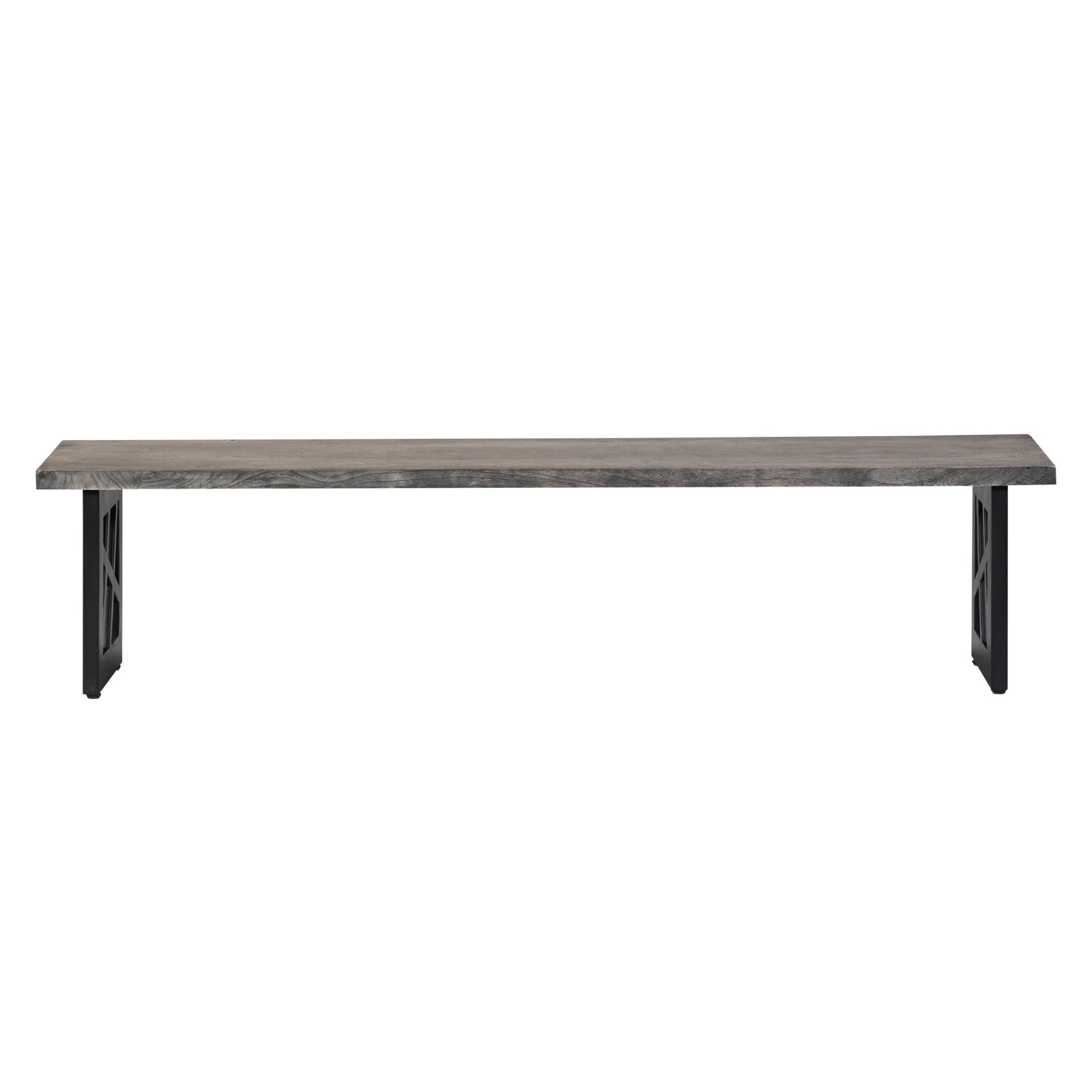 Industrial Grey Wooden Dining Bench with Geometric Black Metal Legs
