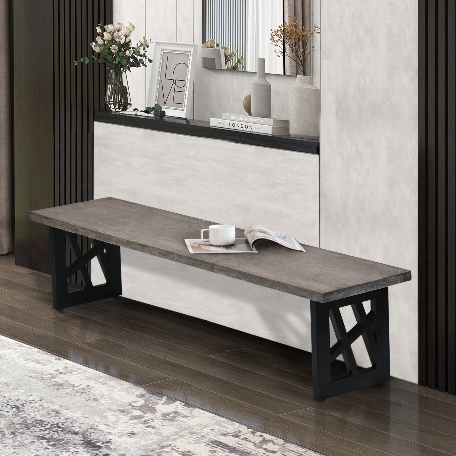 Industrial Grey Wooden Dining Bench with Geometric Black Metal Legs