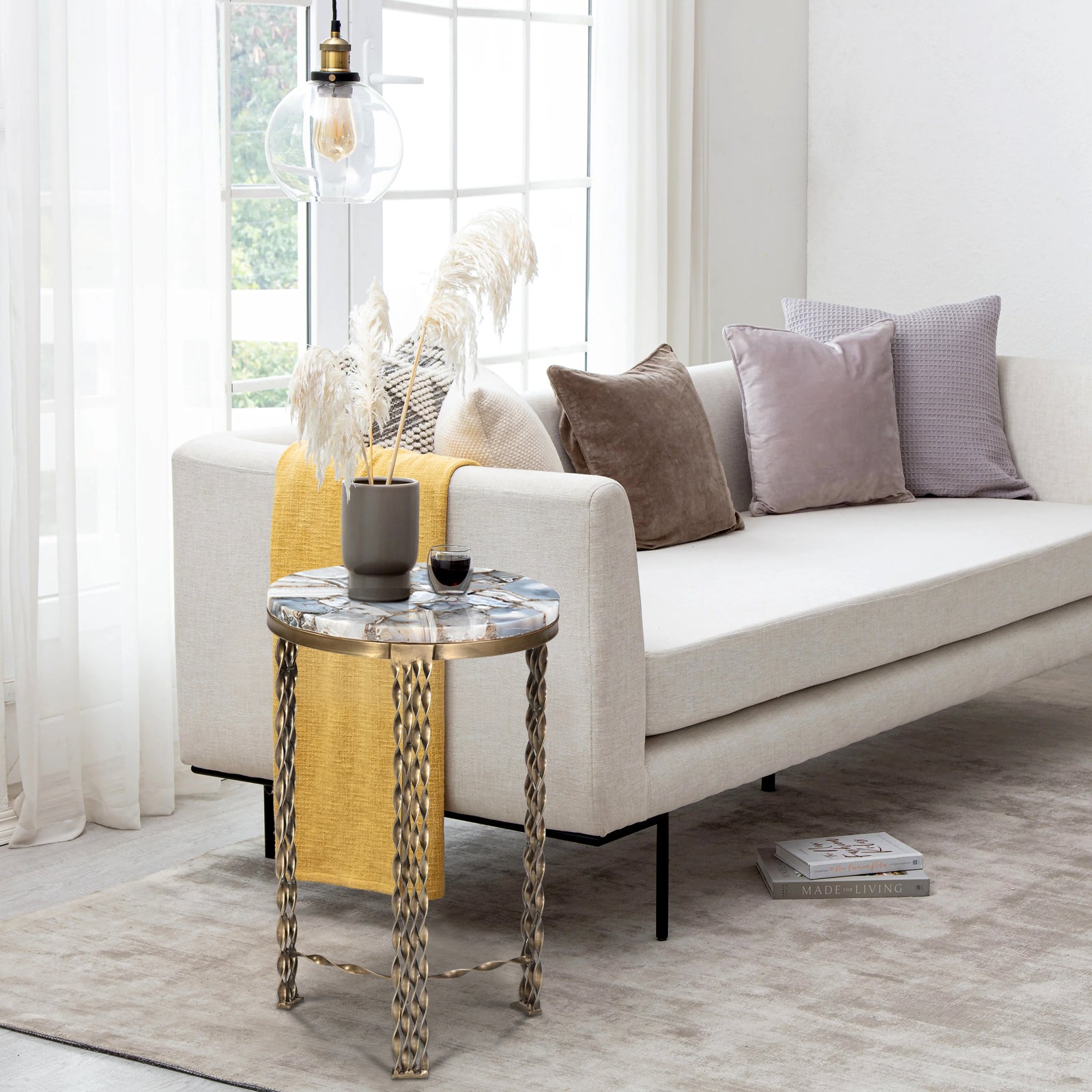 Round Agate Stone Side Tables with  Twisted Metal Legs (Set of 2)