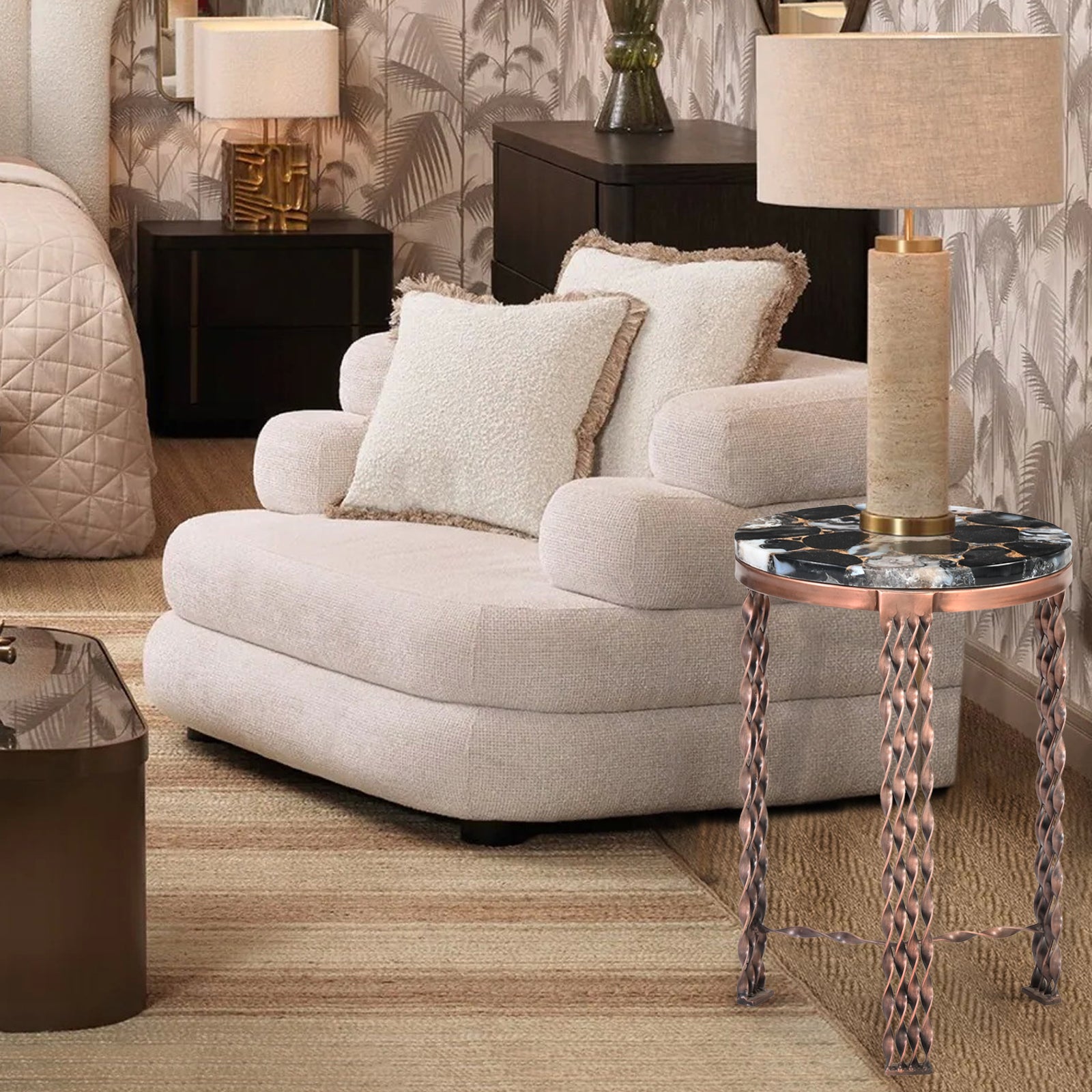 Round Agate Stone Side Tables with  Twisted Metal Legs (Set of 2)