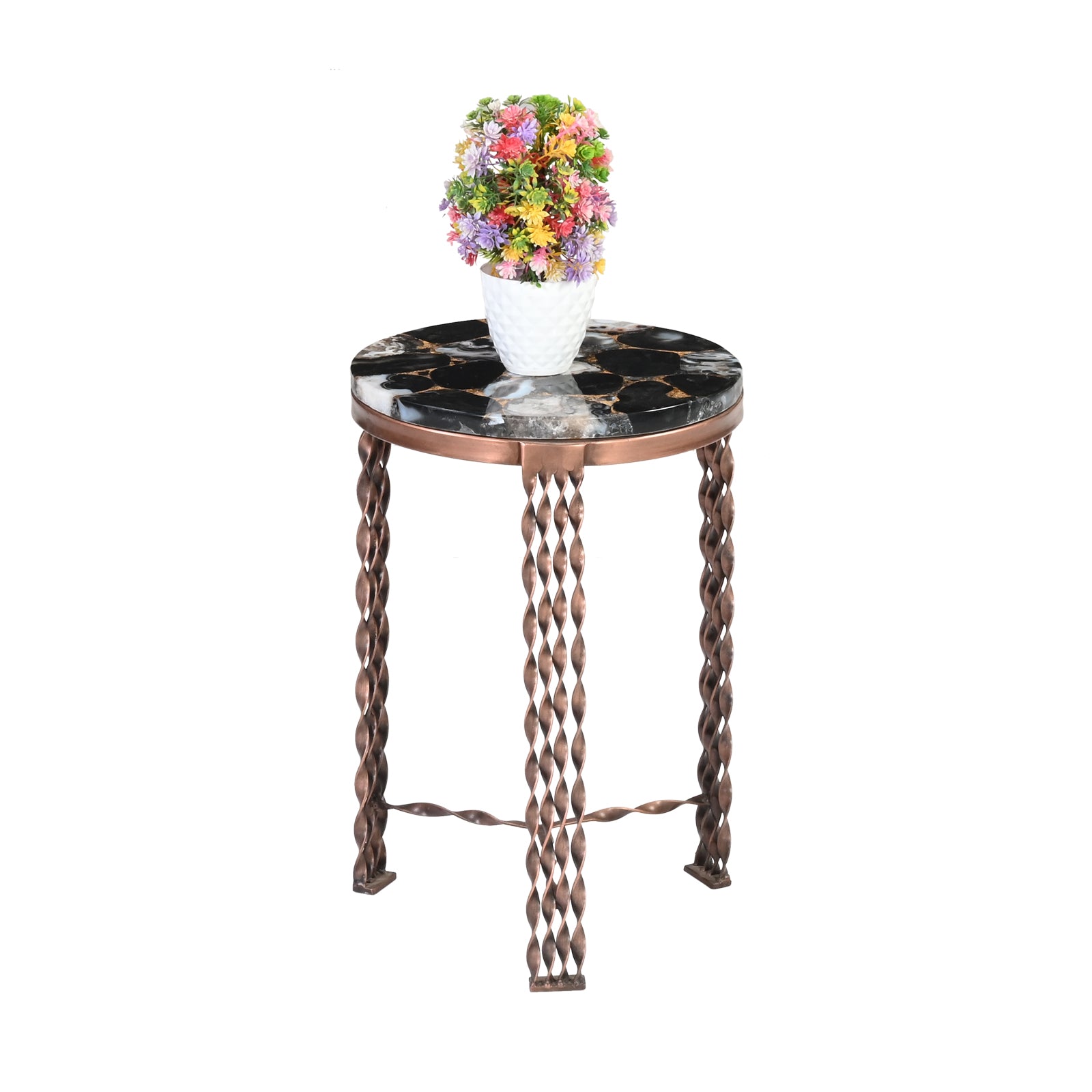 Round Agate Stone Side Tables with  Twisted Metal Legs (Set of 2)