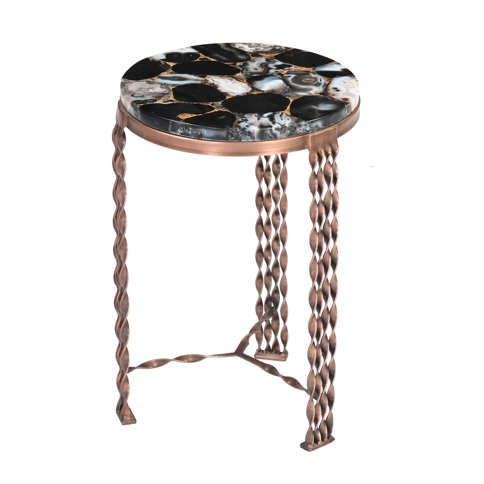 Round Agate Stone Side Tables with  Twisted Metal Legs (Set of 2)