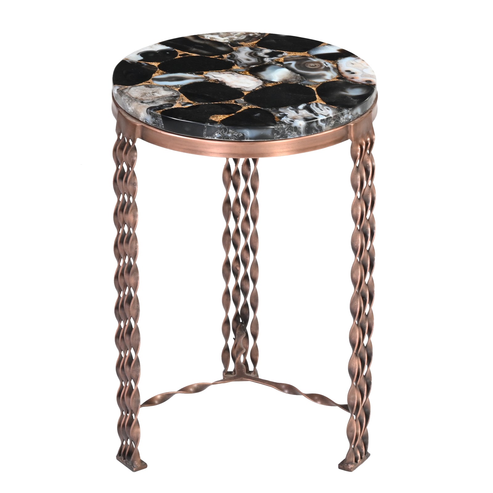Round Agate Stone Side Tables with  Twisted Metal Legs (Set of 2)