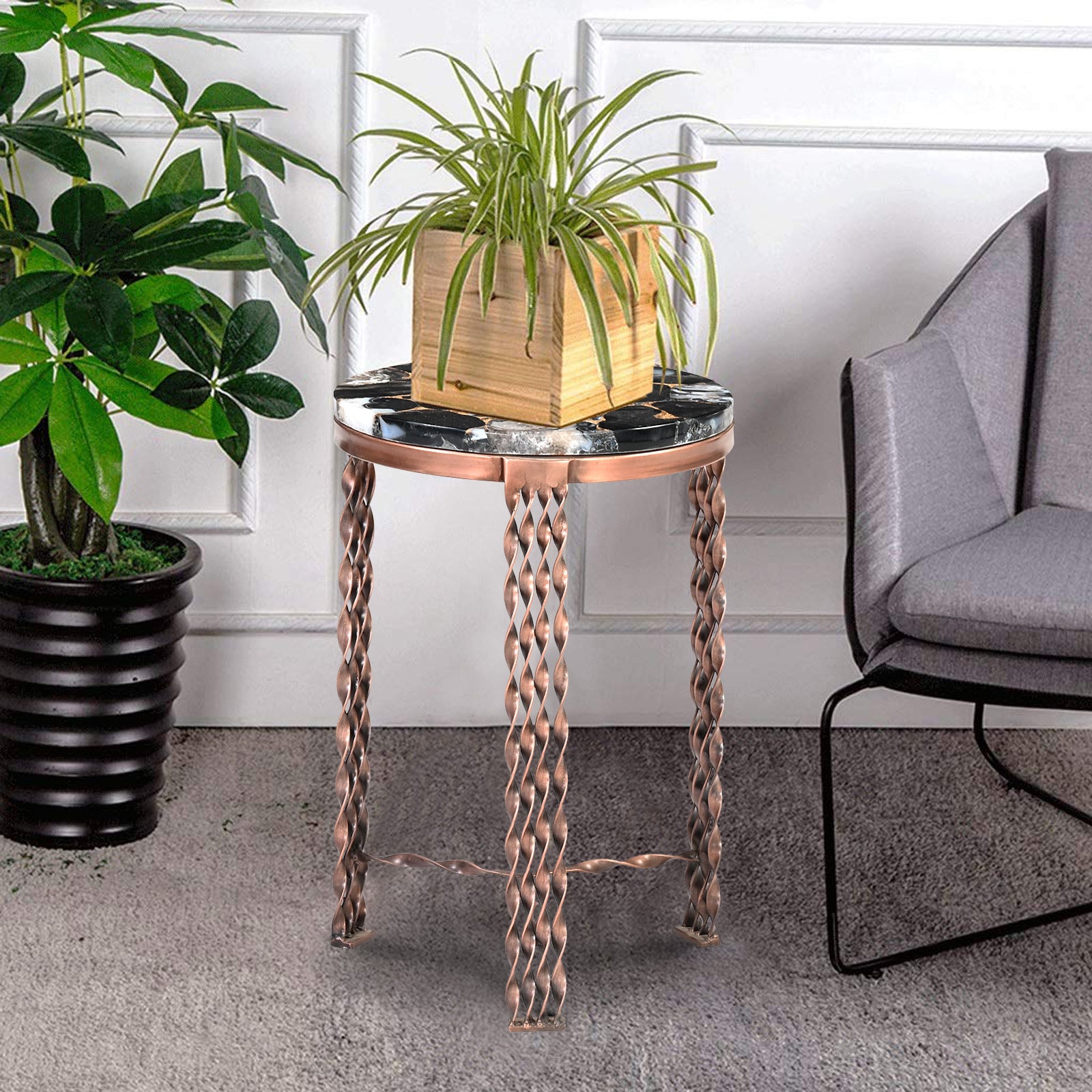 Round Agate Stone Side Tables with  Twisted Metal Legs (Set of 2)
