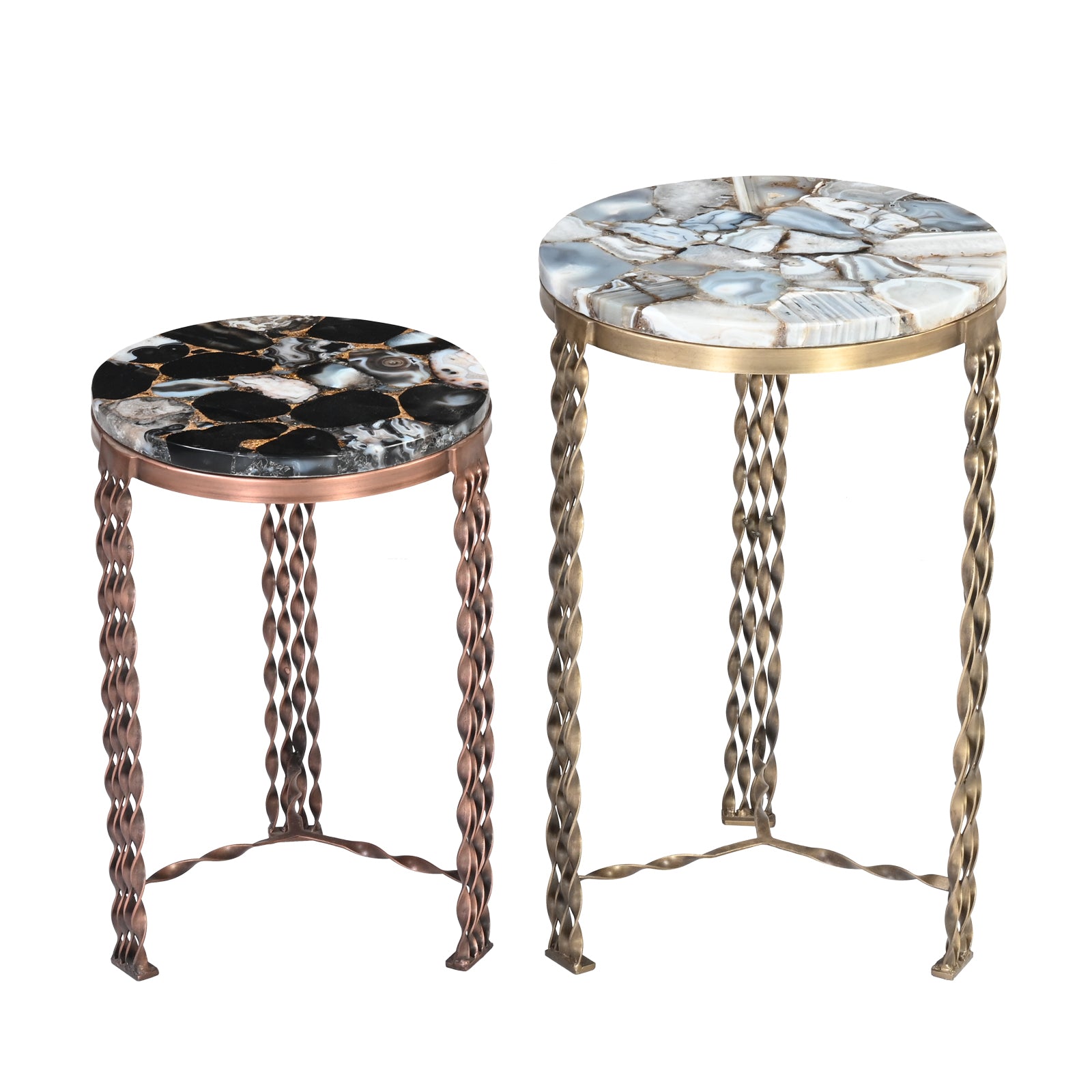 Round Agate Stone Side Tables with  Twisted Metal Legs (Set of 2)