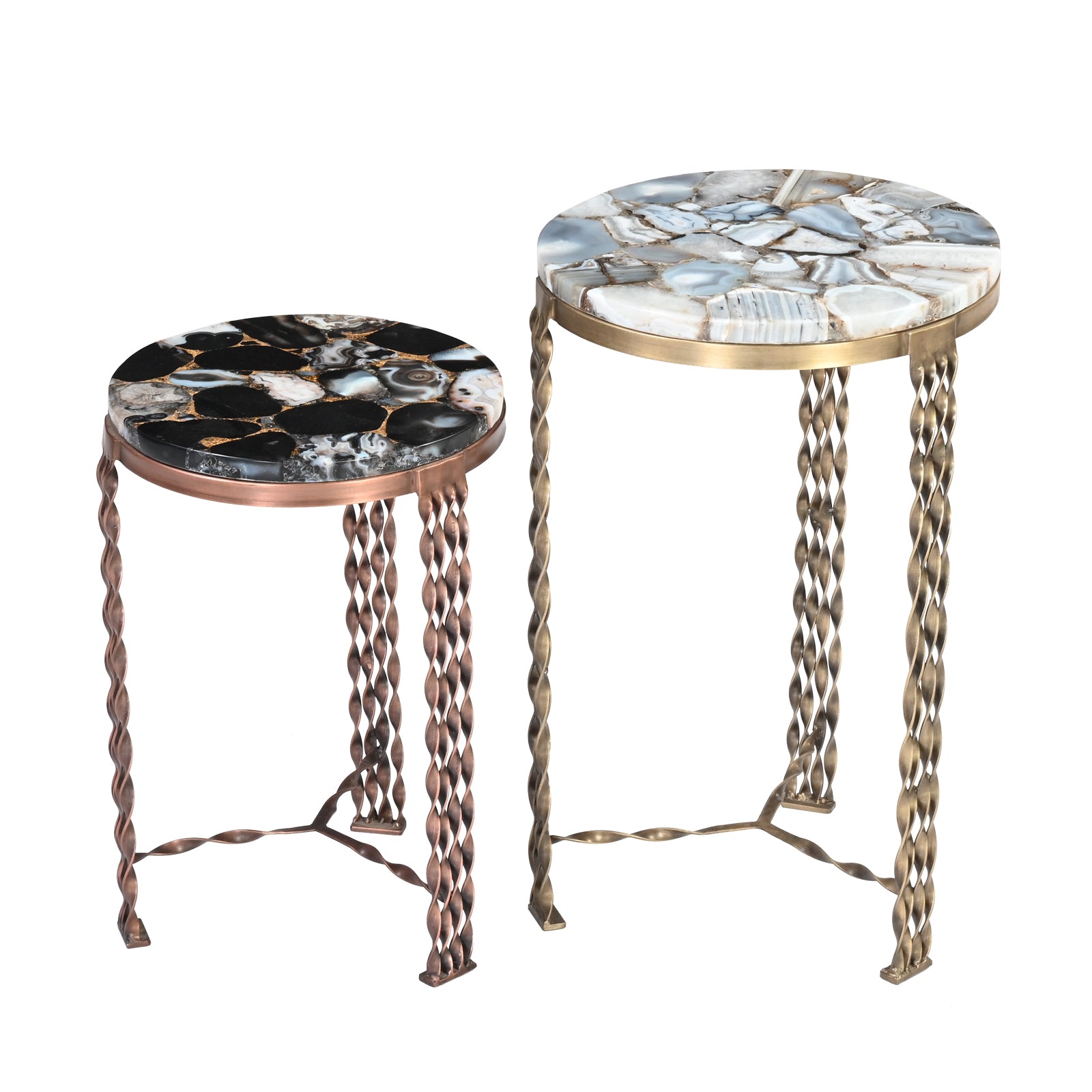 Round Agate Stone Side Tables with  Twisted Metal Legs (Set of 2)
