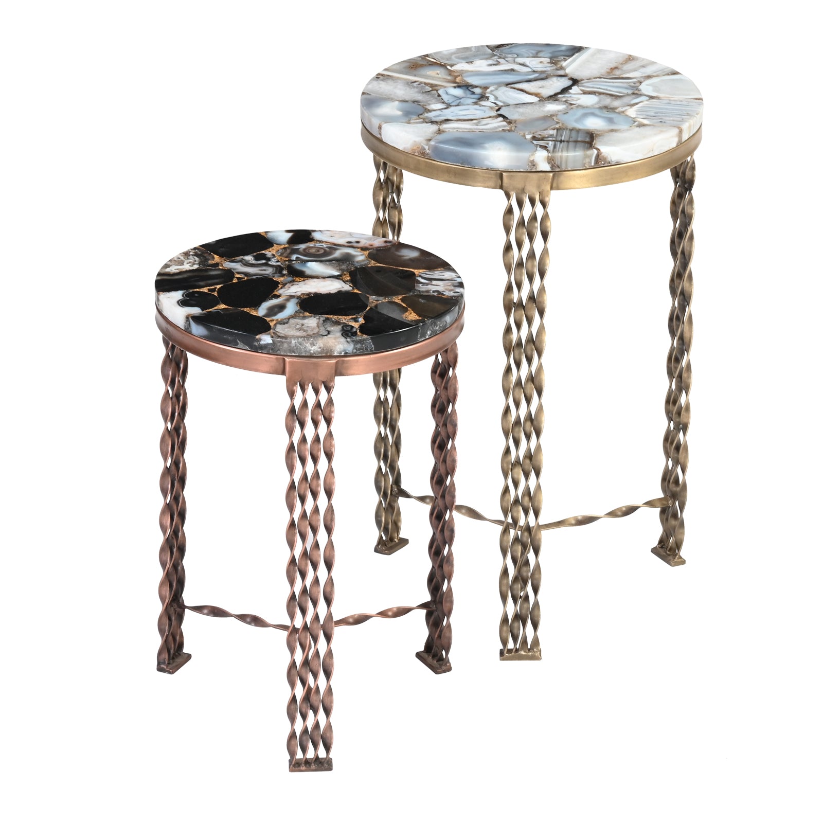 Round Agate Stone Side Tables with  Twisted Metal Legs (Set of 2)
