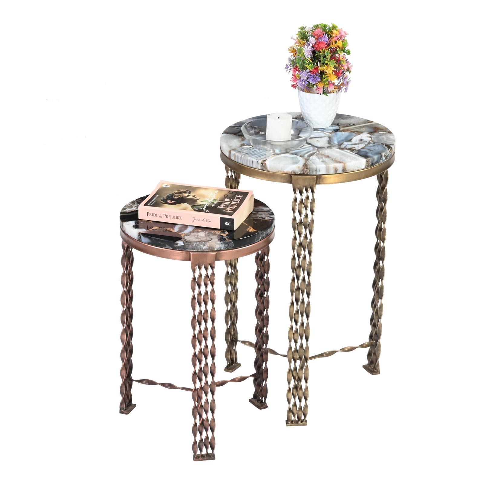Round Agate Stone Side Tables with  Twisted Metal Legs (Set of 2)