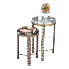 Round Agate Stone Side Tables with  Twisted Metal Legs (Set of 2)