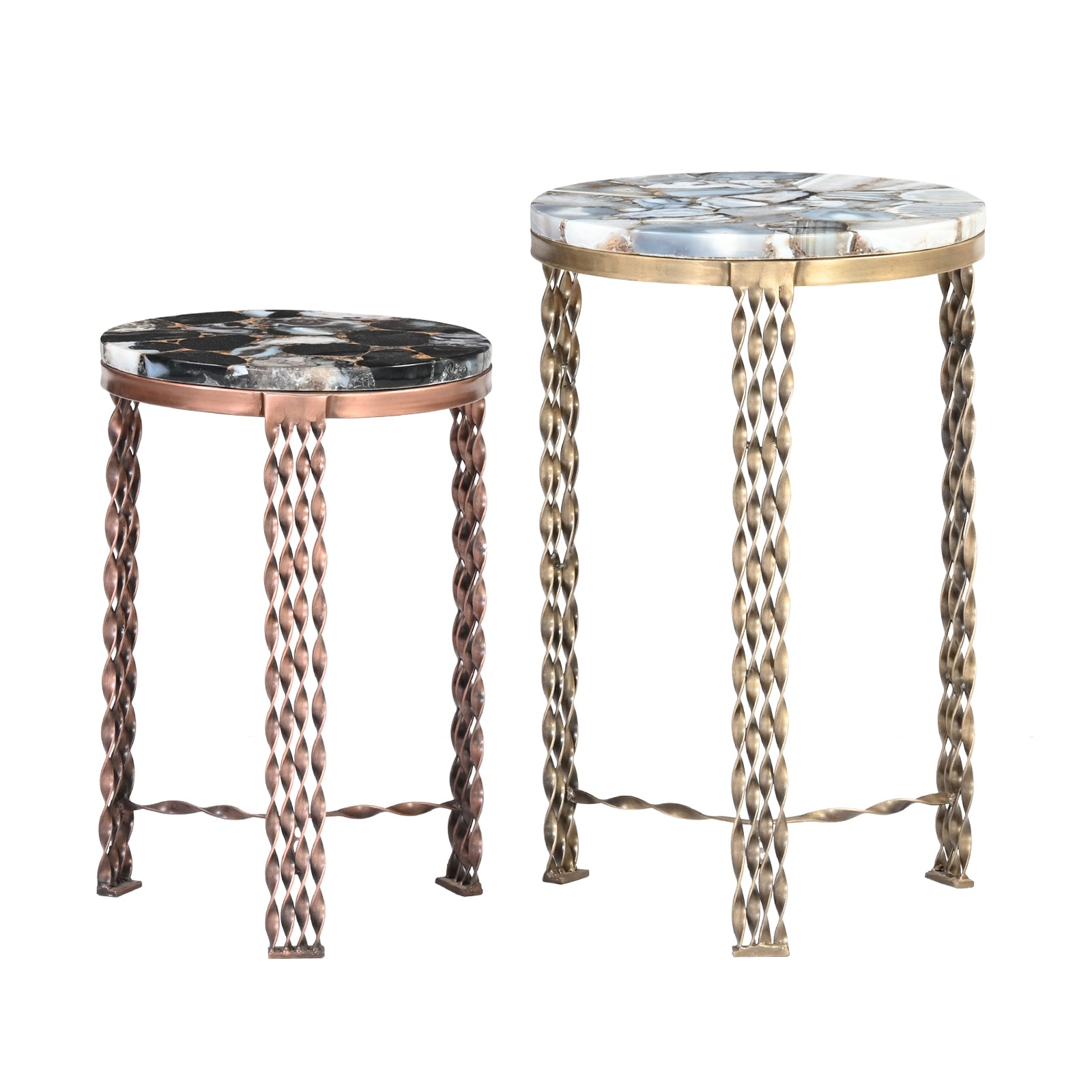 Round Agate Stone Side Tables with  Twisted Metal Legs (Set of 2)