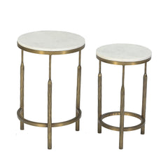 Round White Marble Top Side Tables  with Antique Brass Legs (Set of 2)