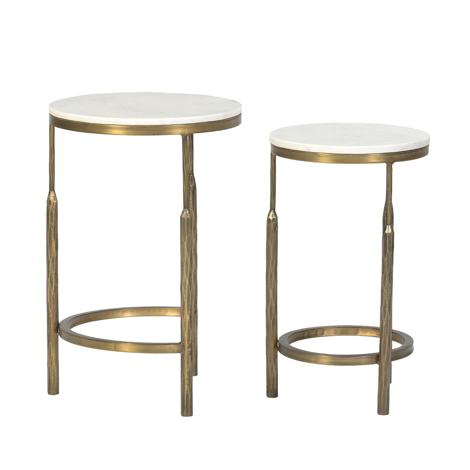 Round White Marble Top Side Tables  with Antique Brass Legs (Set of 2)