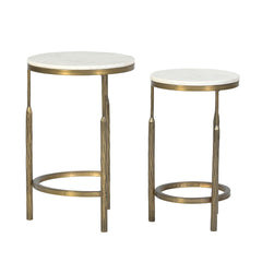 Round White Marble Top Side Tables  with Antique Brass Legs (Set of 2)