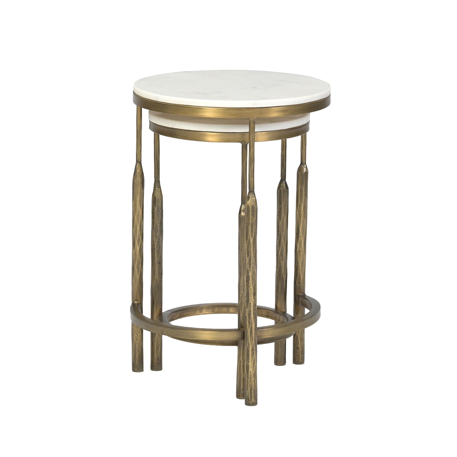 Round White Marble Top Side Tables  with Antique Brass Legs (Set of 2)