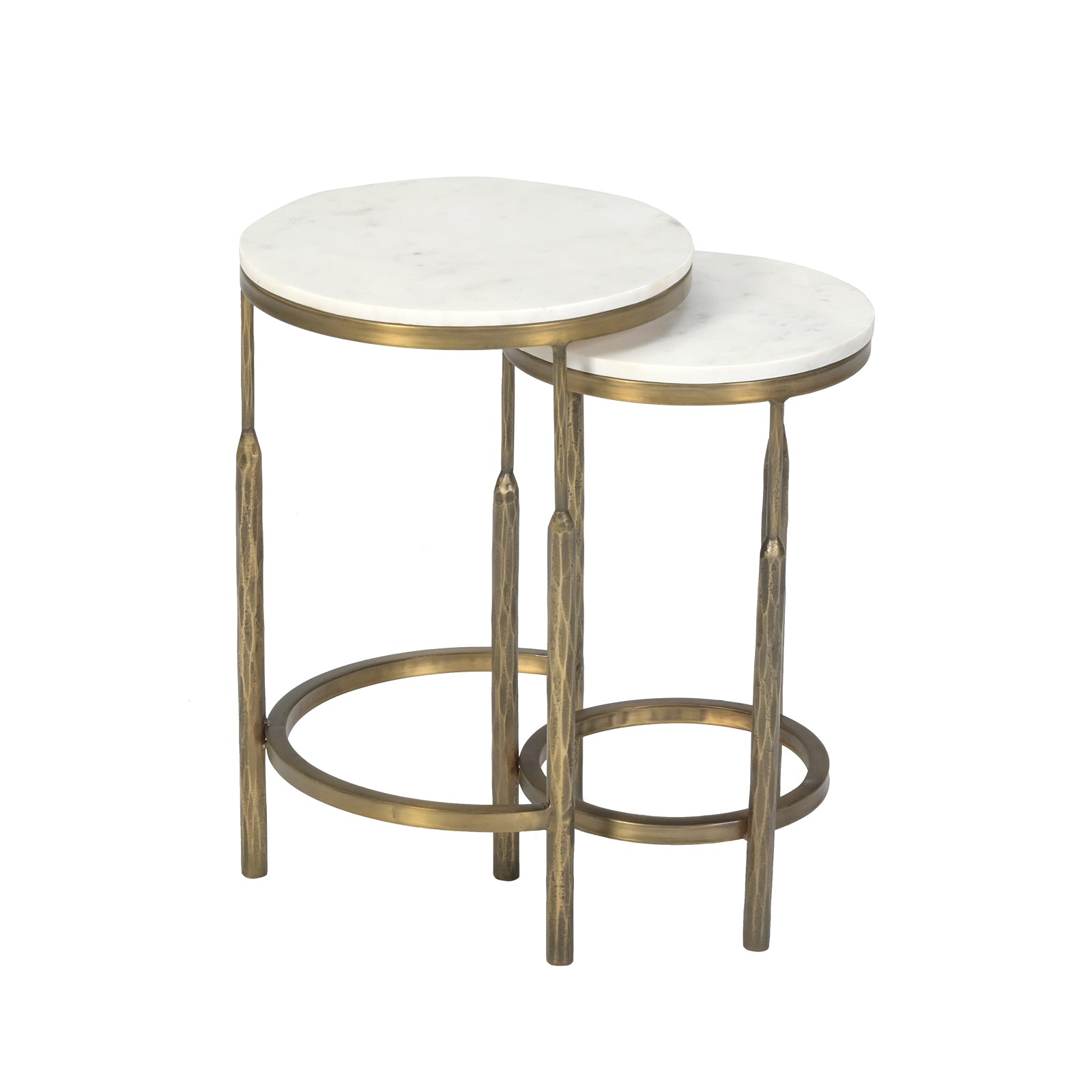 Round White Marble Top Side Tables  with Antique Brass Legs (Set of 2)