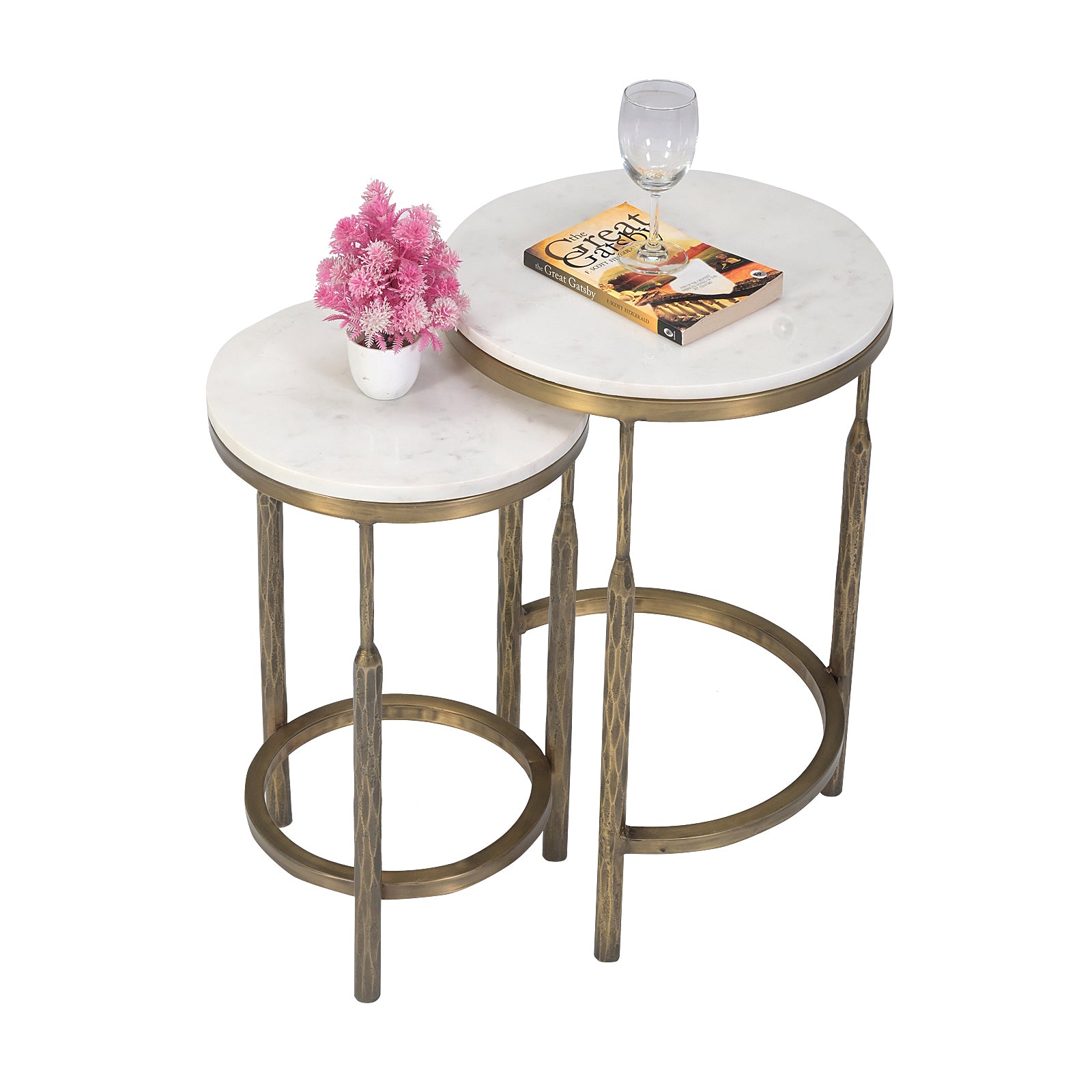 Round White Marble Top Side Tables  with Antique Brass Legs (Set of 2)