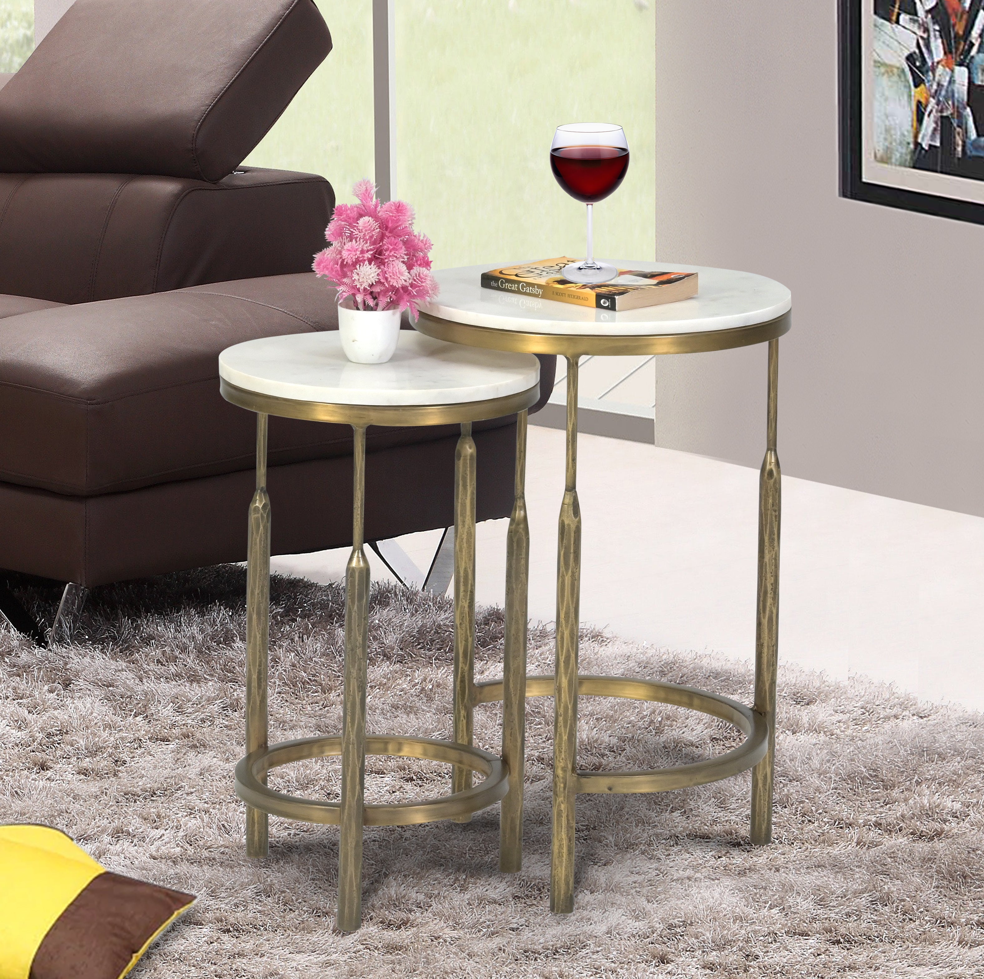 Round White Marble Top Side Tables  with Antique Brass Legs (Set of 2)