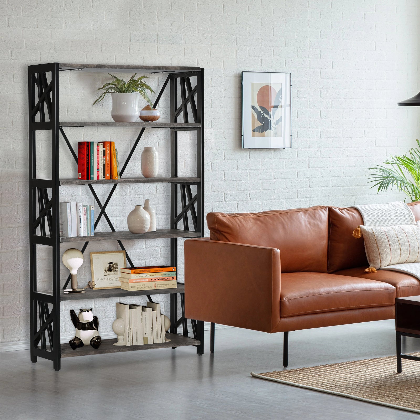Industrial 5-Tier Wooden Bookcase with Geometric Black Metal Frame