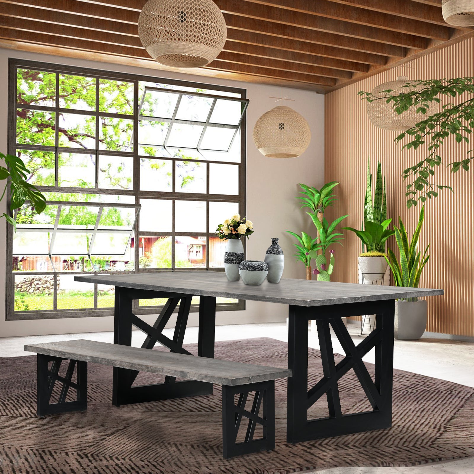 "Industrial Grey Wooden Dining Table with  Geometric Black Metal Legs"
