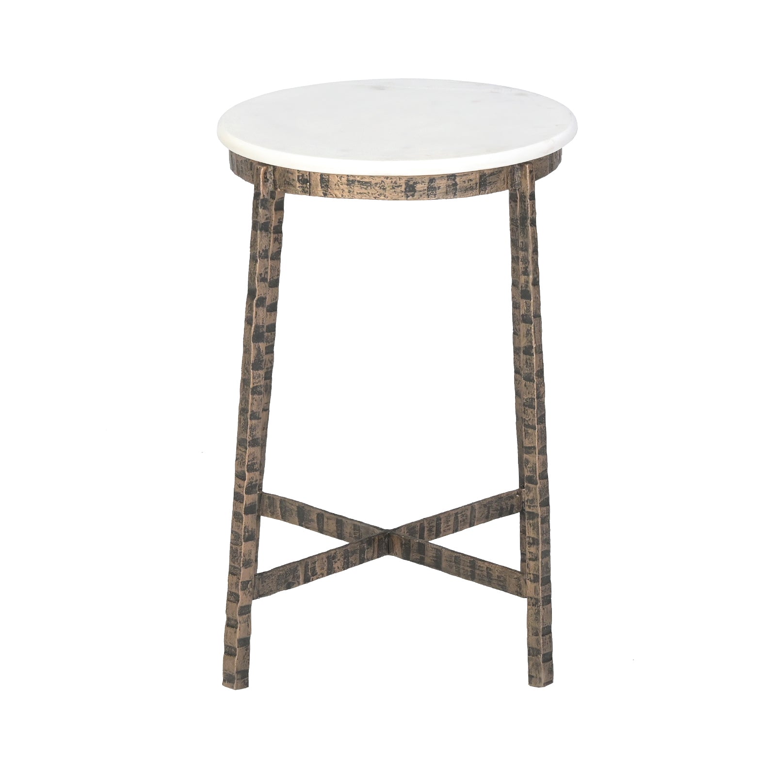 Round White Marble Top Side  Table with Textured Metal Base