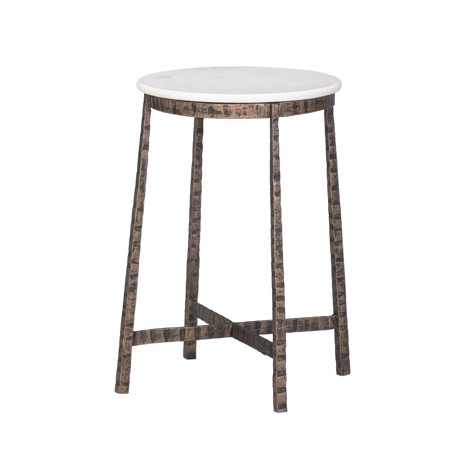 Round White Marble Top Side  Table with Textured Metal Base