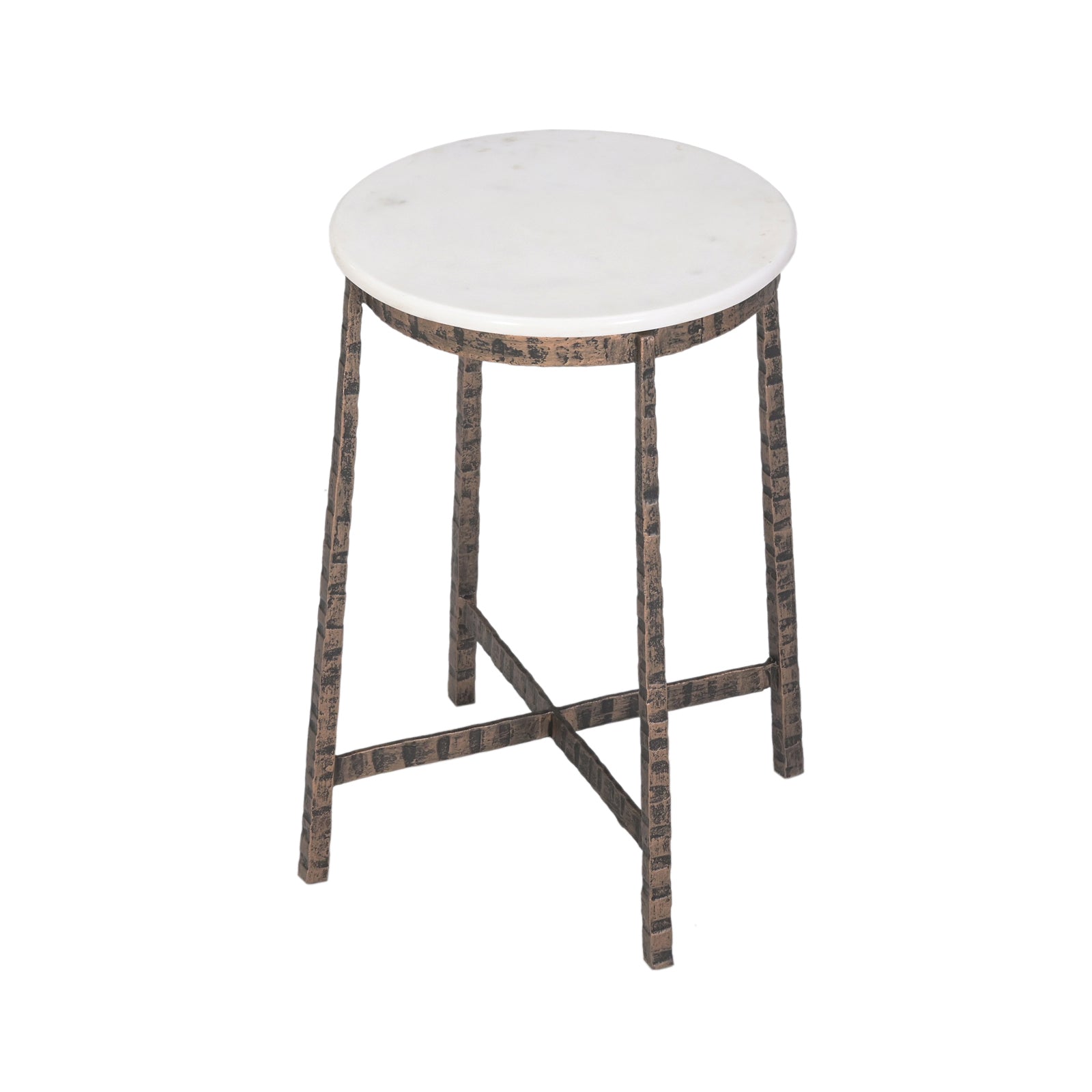 Round White Marble Top Side  Table with Textured Metal Base