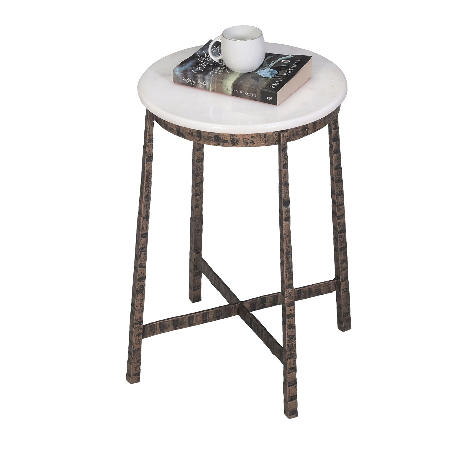 Round White Marble Top Side  Table with Textured Metal Base