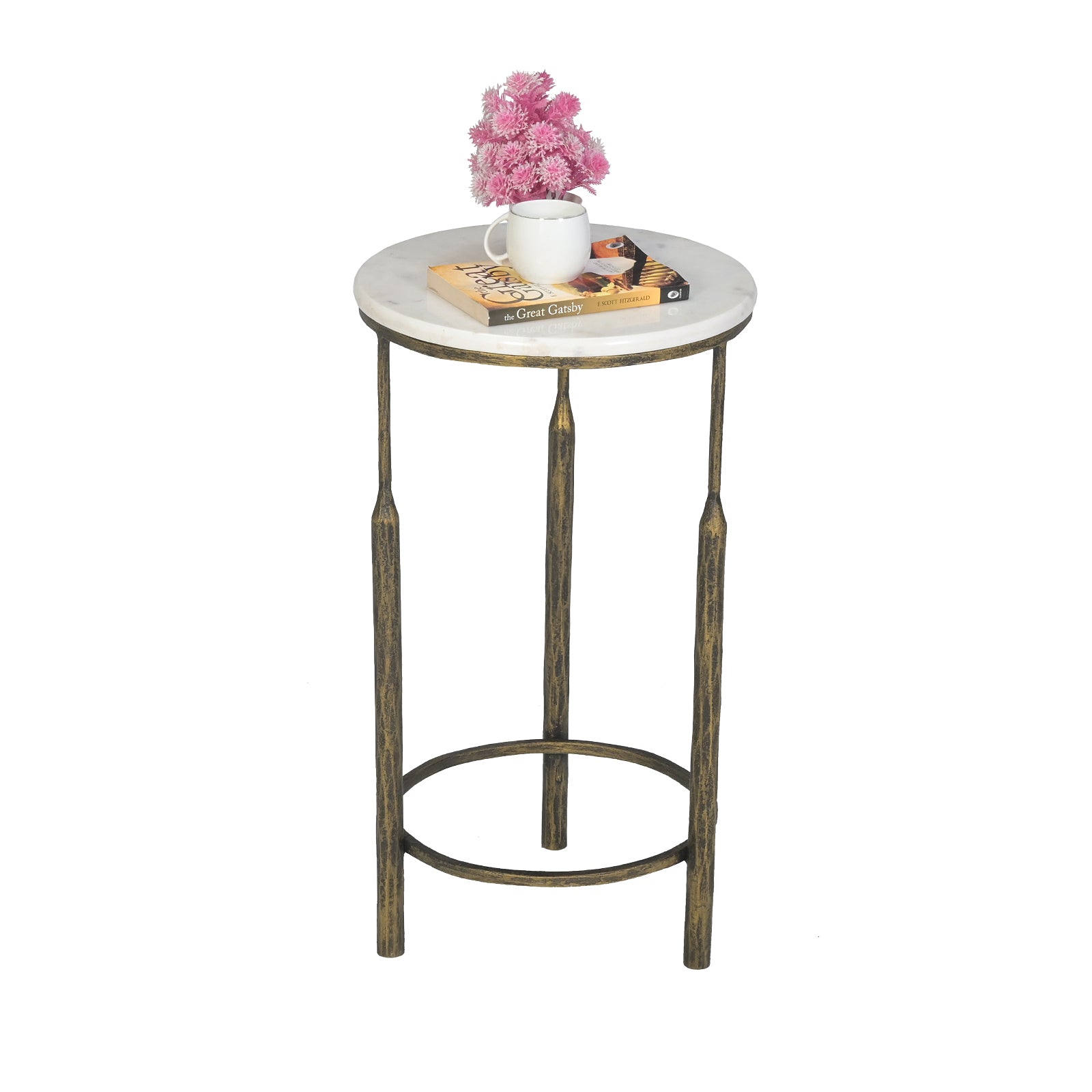 Round White Marble Top Side Tables  with Antique Brass Legs (Set of 2)