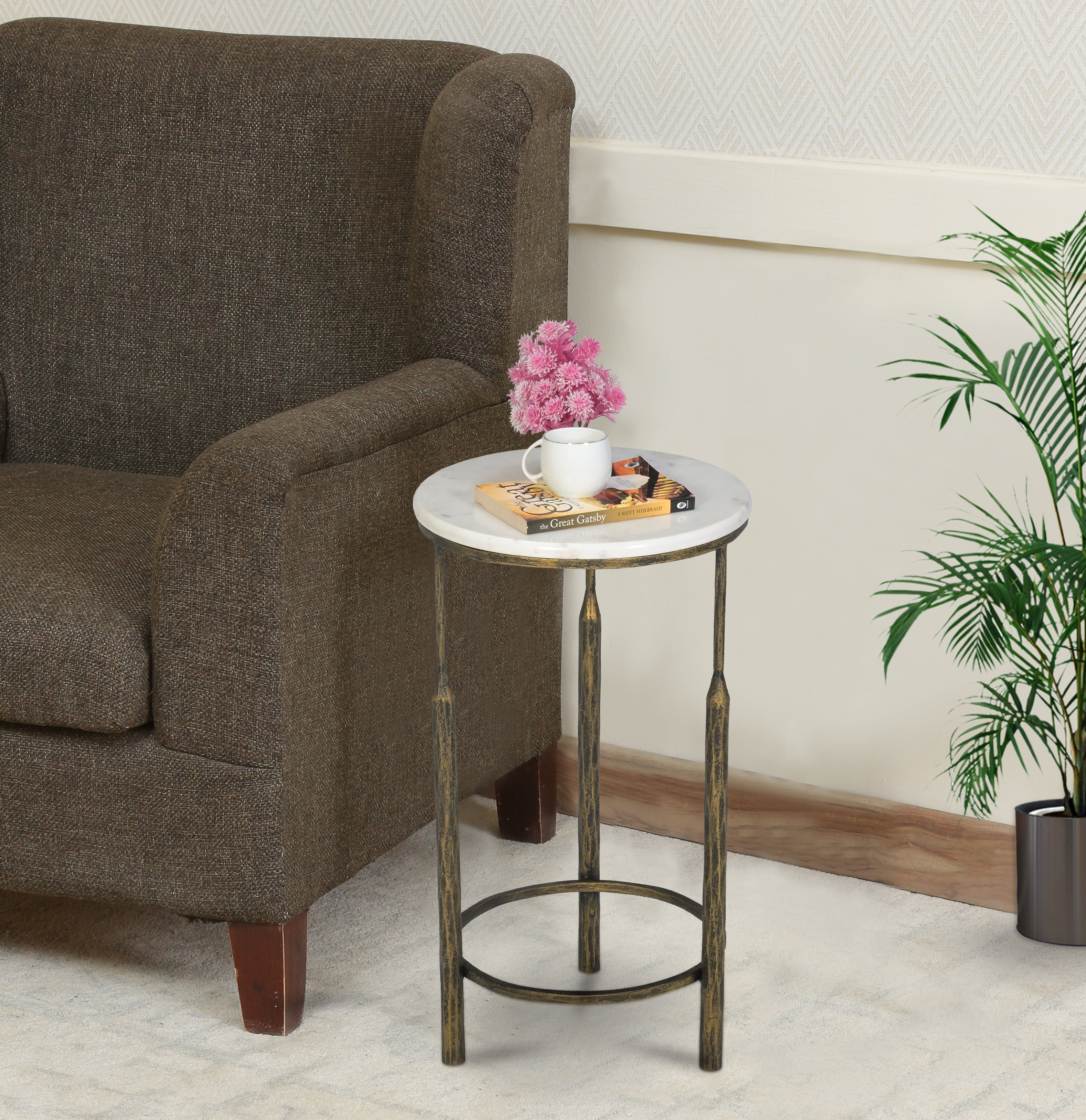 Round White Marble Top Side Tables  with Antique Brass Legs (Set of 2)